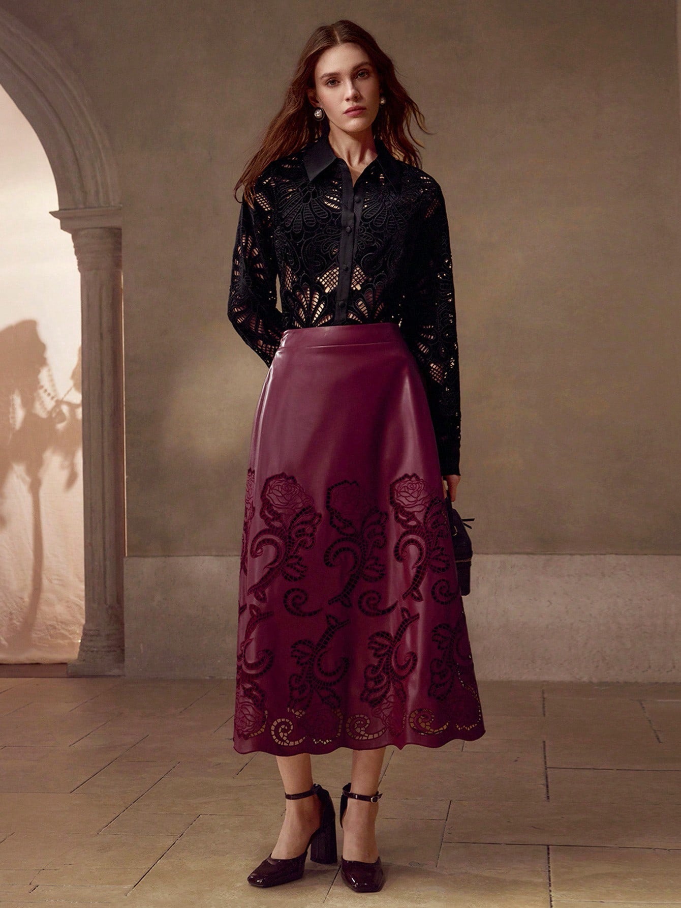 CM-TS641178 Women Elegant Seoul Style Collar Neckline Long Sleeve Hollow Embroidered Blouse - Black