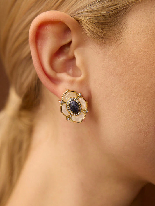 CM-AXS222768 Women Trendy Seoul Style 18K Blue Natural Stone Floral Stud Earrings