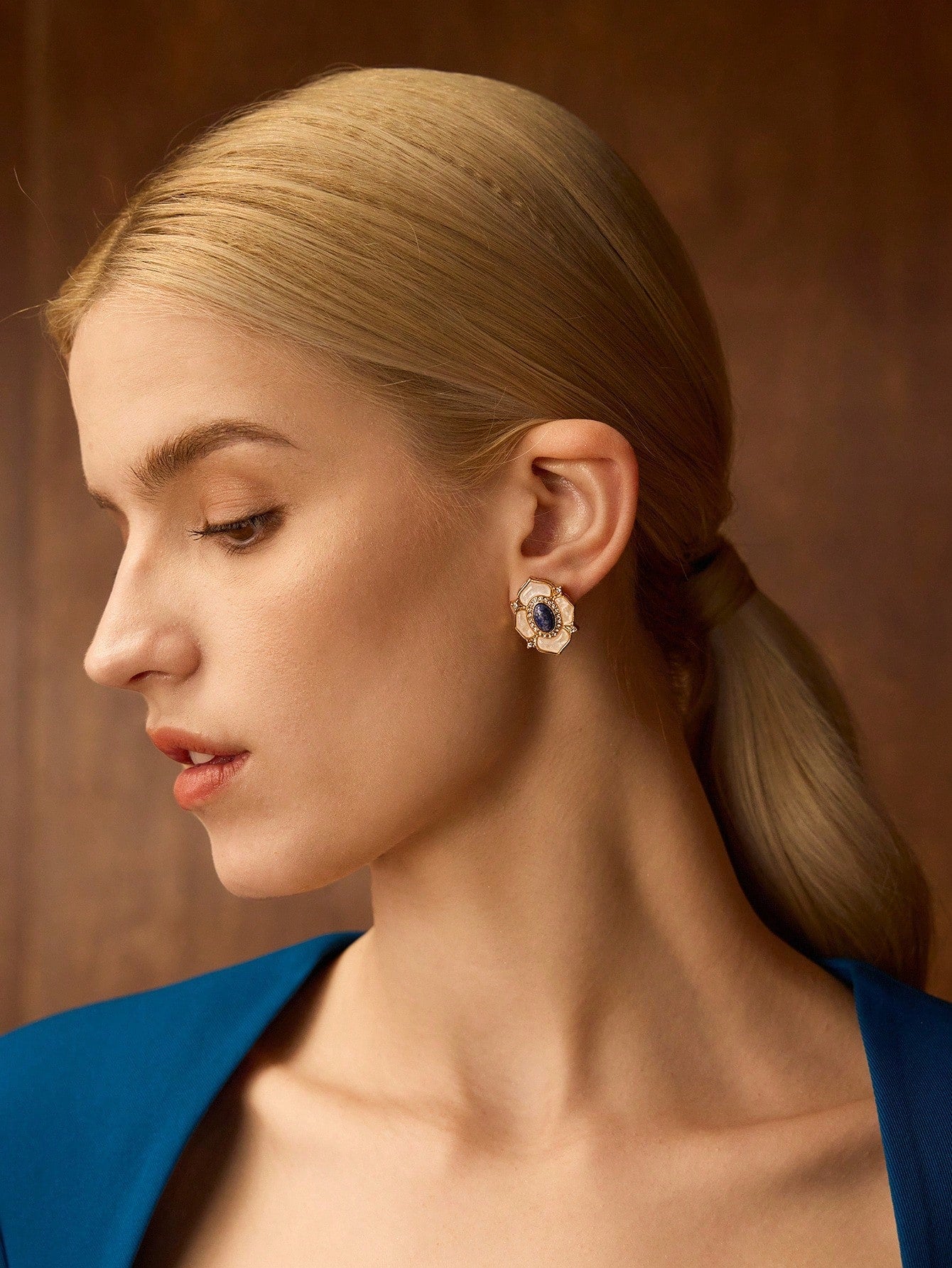 CM-AXS222768 Women Trendy Seoul Style 18K Blue Natural Stone Floral Stud Earrings