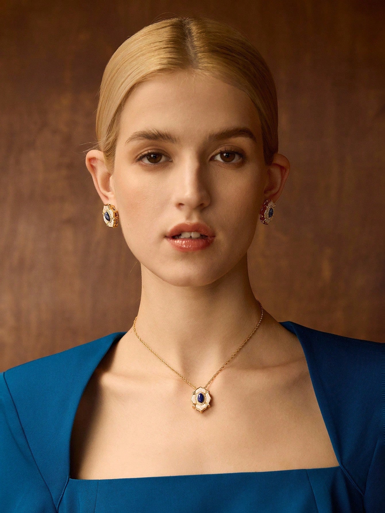 CM-AXS222768 Women Trendy Seoul Style 18K Blue Natural Stone Floral Stud Earrings