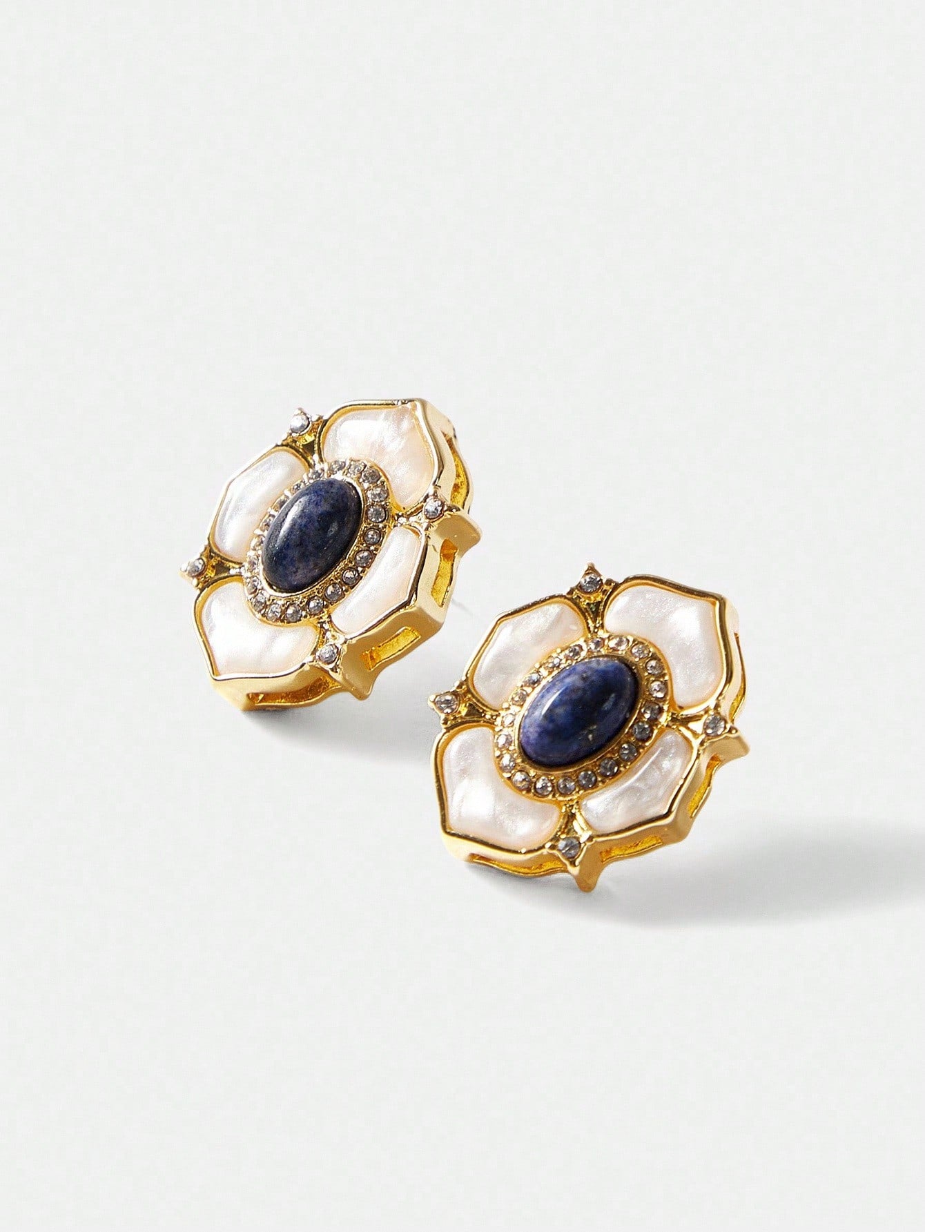 CM-AXS222768 Women Trendy Seoul Style 18K Blue Natural Stone Floral Stud Earrings