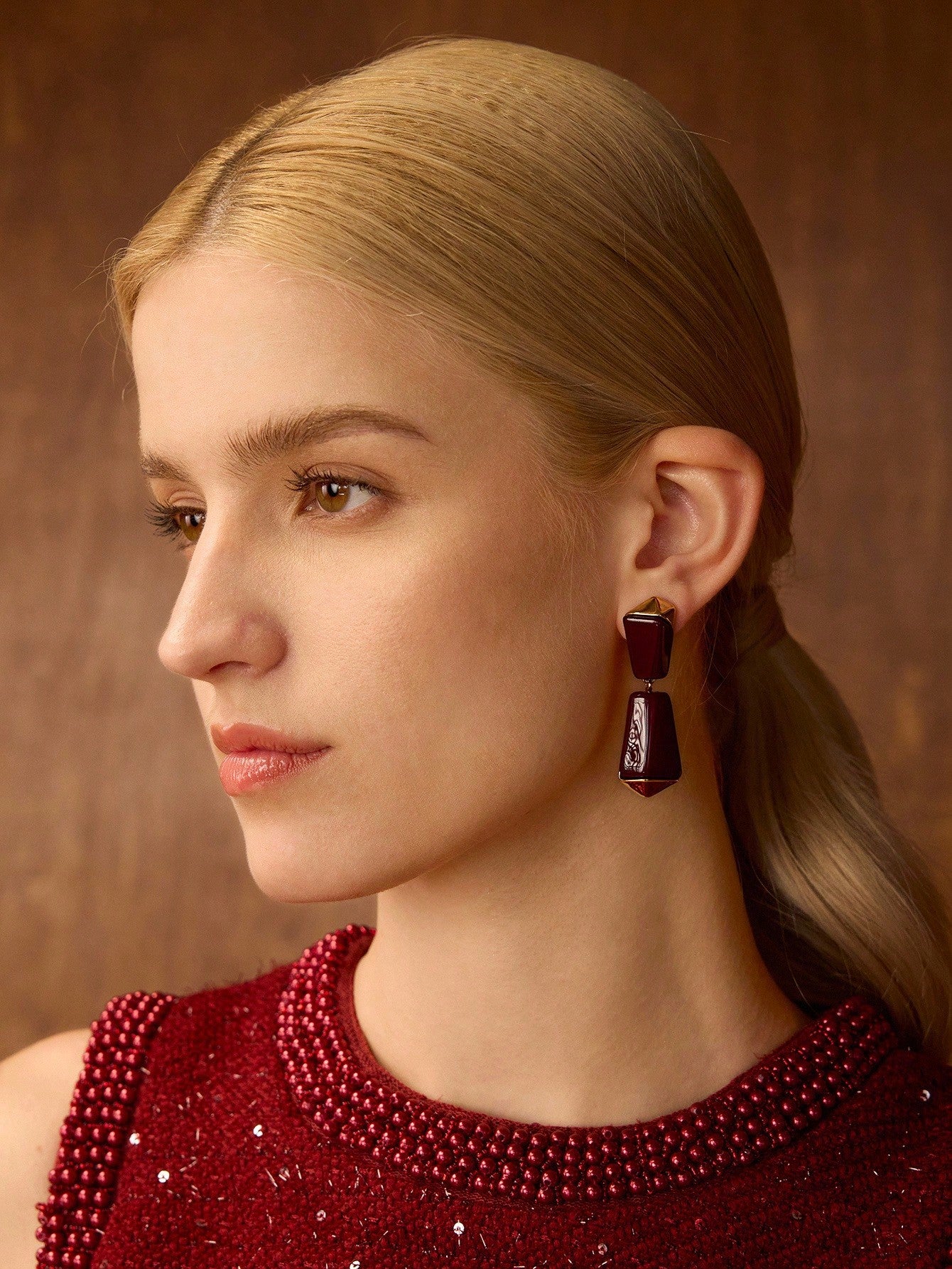 CM-AXS833233 Women Trendy Seoul Style Geometric Dangle Earrings - Burgundy