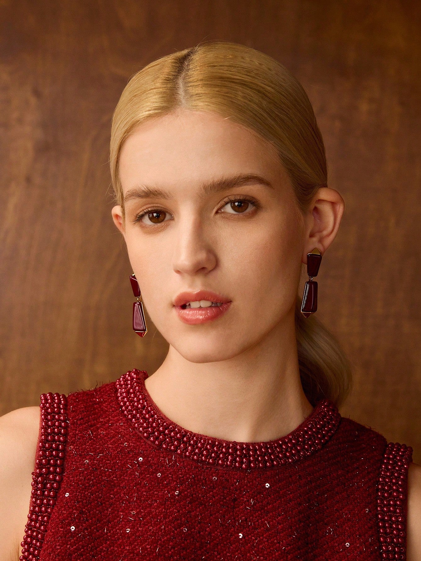 CM-AXS833233 Women Trendy Seoul Style Geometric Dangle Earrings - Burgundy