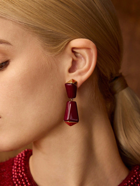 CM-AXS833233 Women Trendy Seoul Style Geometric Dangle Earrings - Burgundy