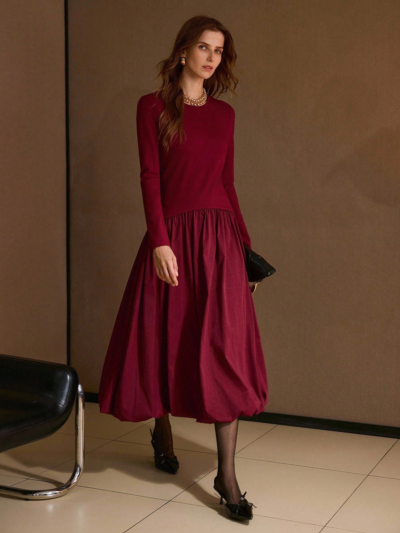CM-DS161924 Women Elegant Seoul Style Round Neck Long Sleeve Knit Patchwork Woven Puffball Hem Dress - Red