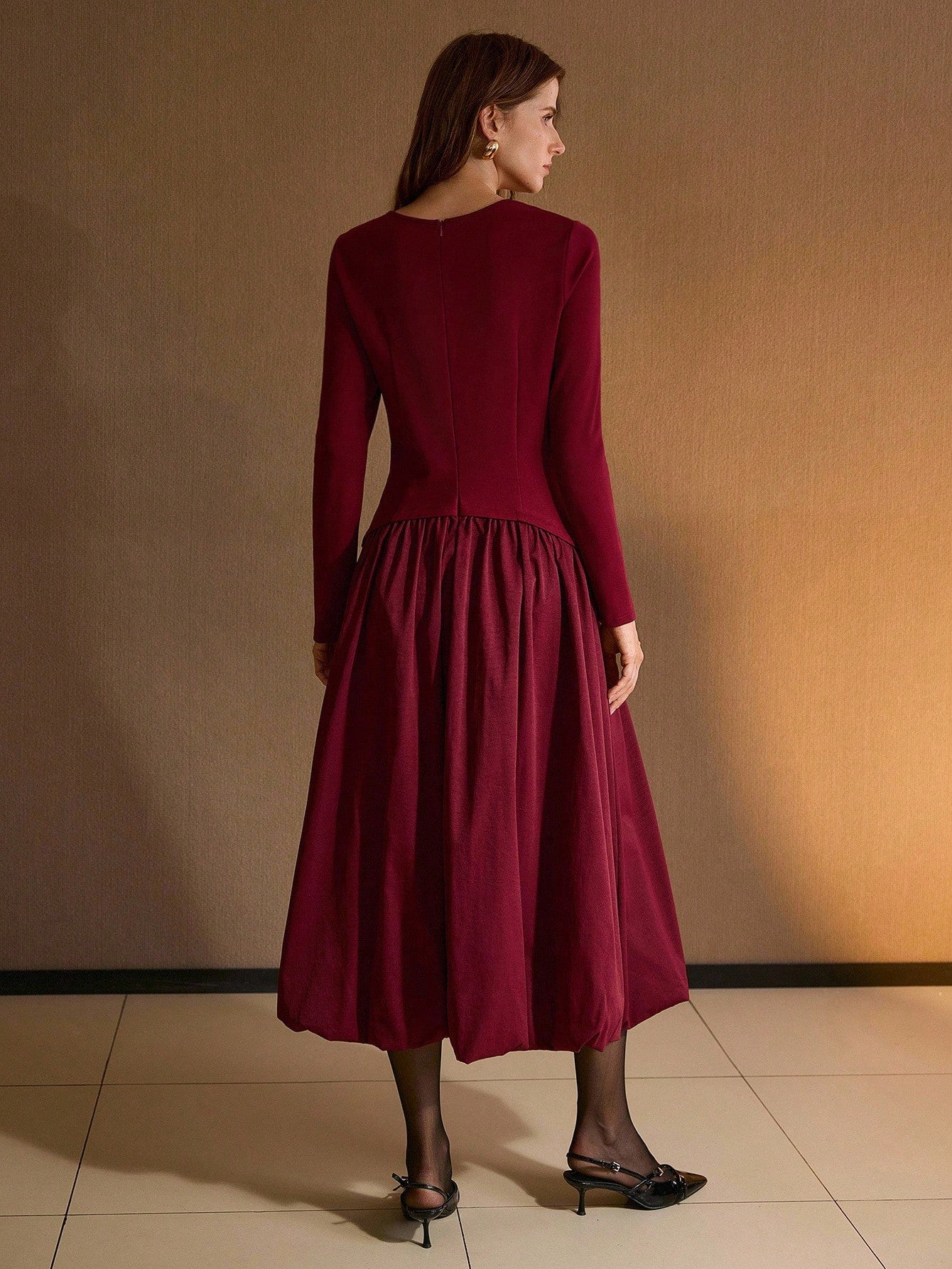 CM-DS161924 Women Elegant Seoul Style Round Neck Long Sleeve Knit Patchwork Woven Puffball Hem Dress - Red