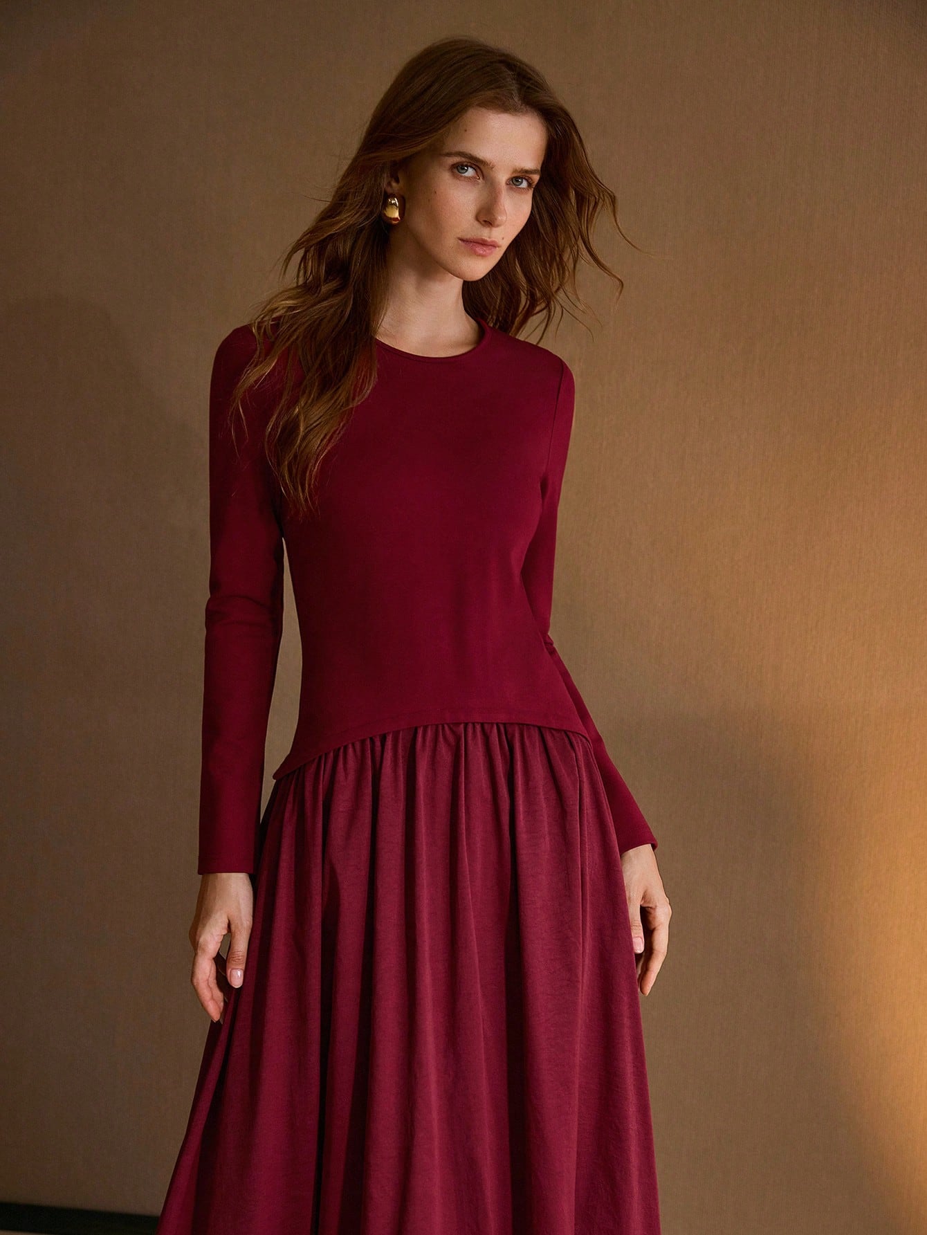 CM-DS161924 Women Elegant Seoul Style Round Neck Long Sleeve Knit Patchwork Woven Puffball Hem Dress - Red