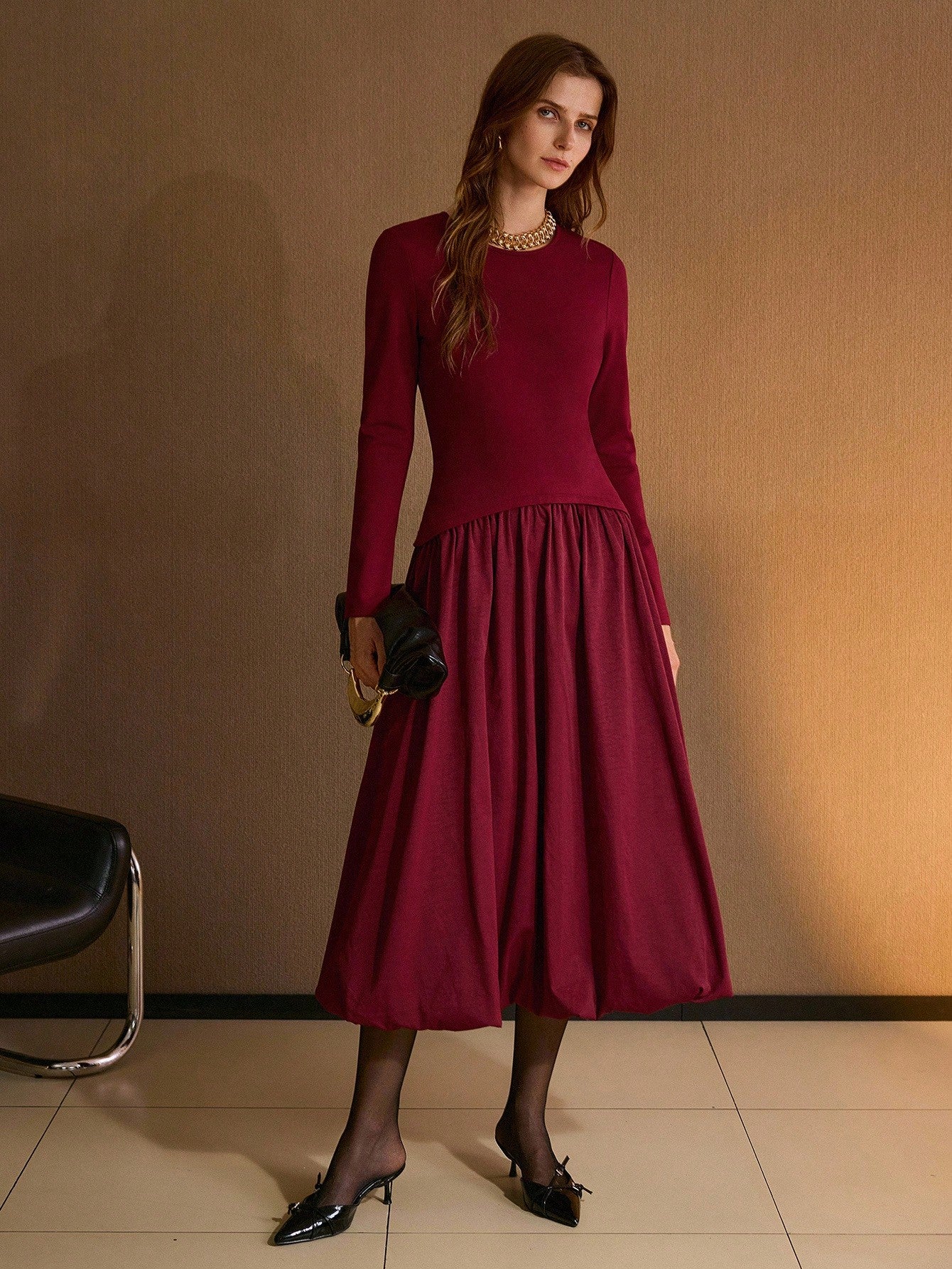 CM-DS161924 Women Elegant Seoul Style Round Neck Long Sleeve Knit Patchwork Woven Puffball Hem Dress - Red