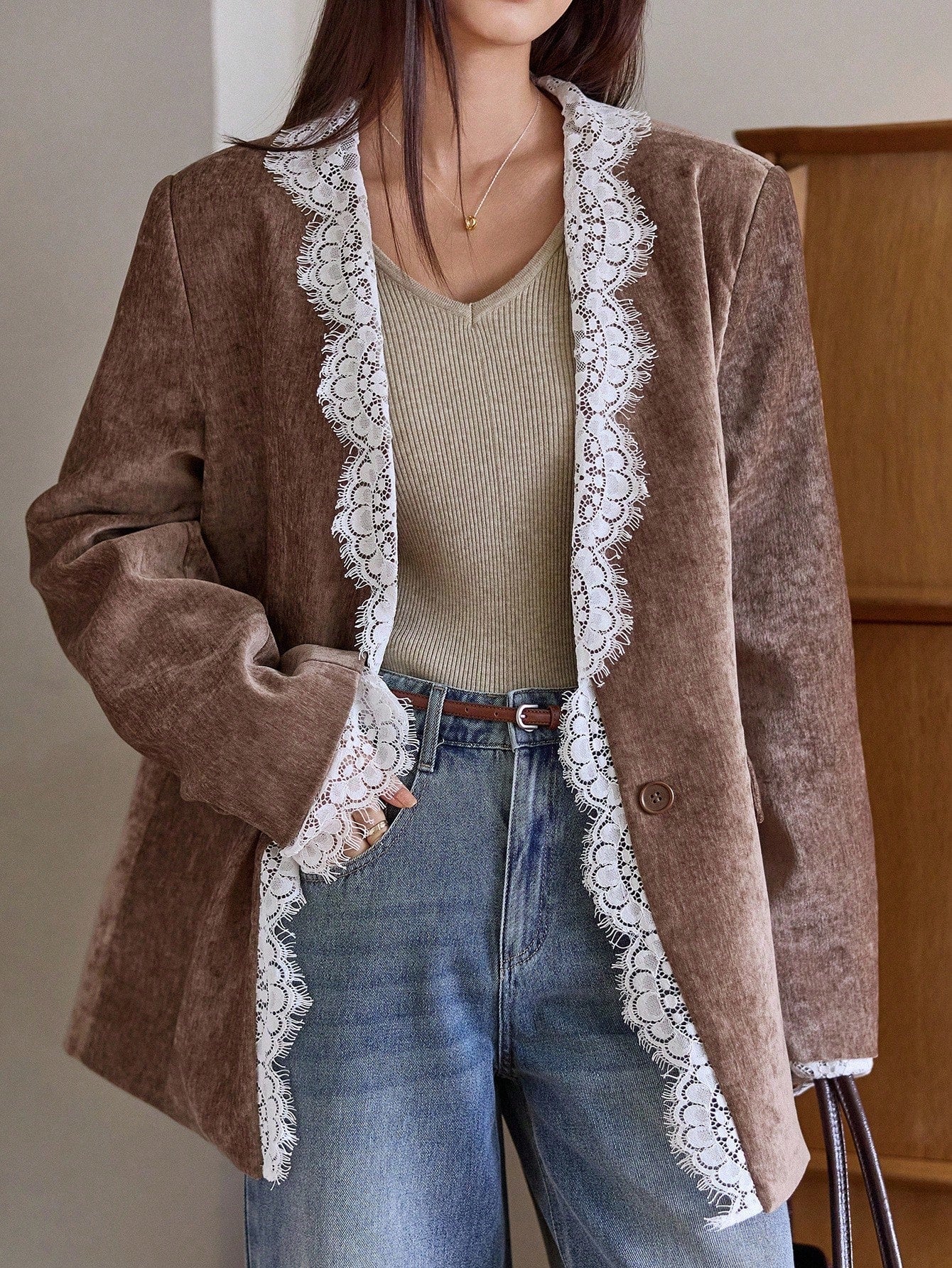 CM-CS949525 Women Elegant Seoul Style Contrast Color Lace Patchwork Lapel Long Sleeve Blazer - Brown