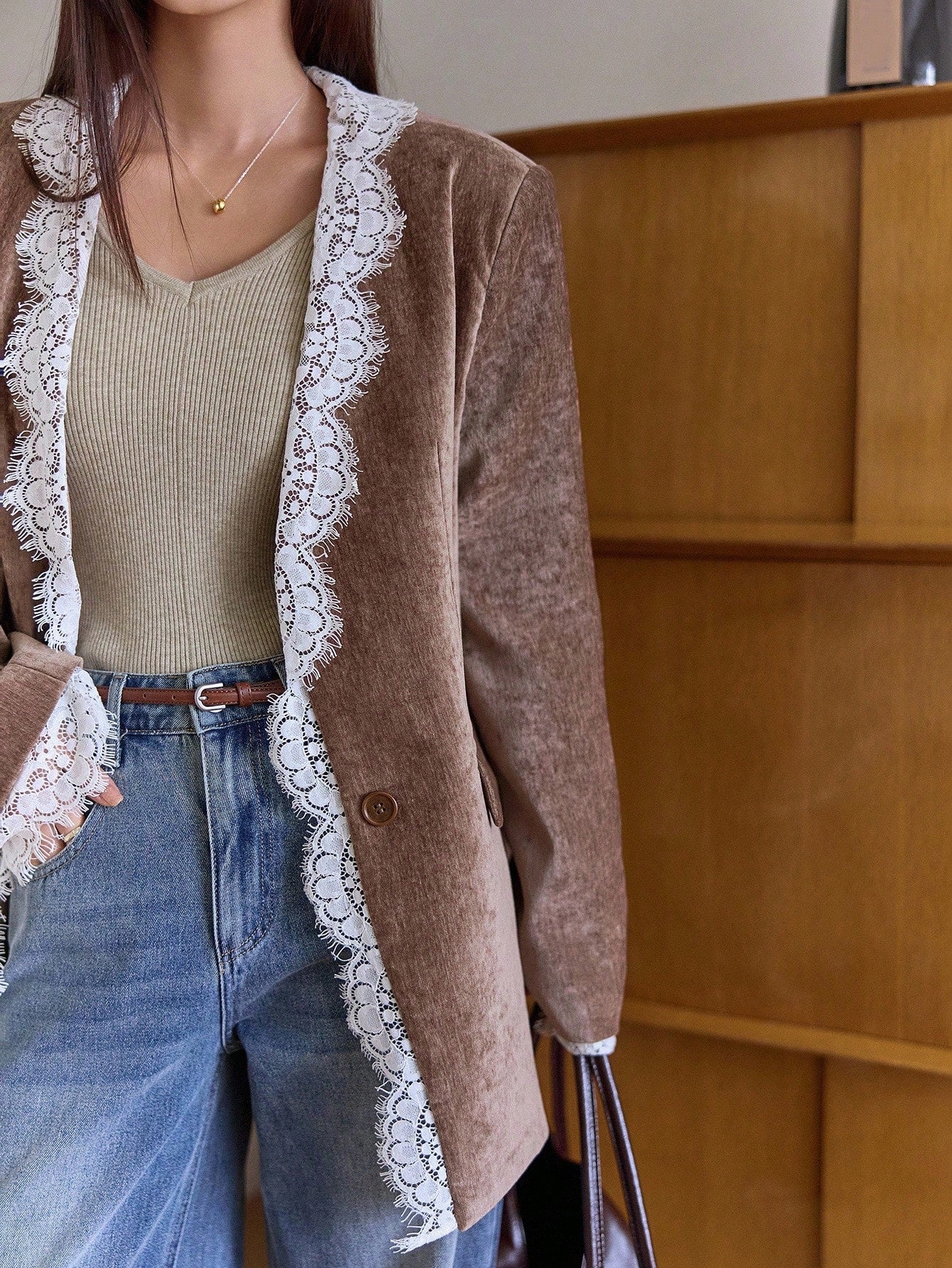 CM-CS949525 Women Elegant Seoul Style Contrast Color Lace Patchwork Lapel Long Sleeve Blazer - Brown