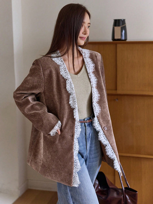 CM-CS949525 Women Elegant Seoul Style Contrast Color Lace Patchwork Lapel Long Sleeve Blazer - Brown