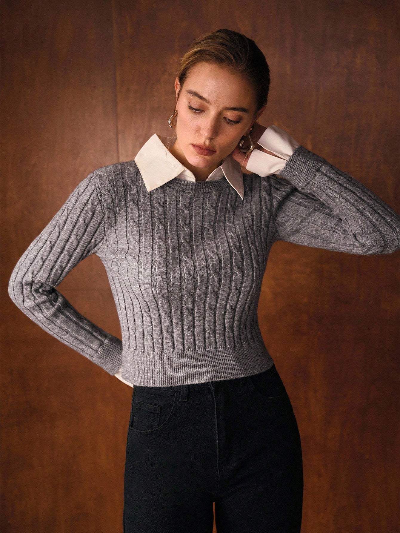 CM-CS051910 Women Elegant Seoul Style Contrast Collar Long Sleeve Slim Fit Cable Knit 2 in 1 Sweater - Gray
