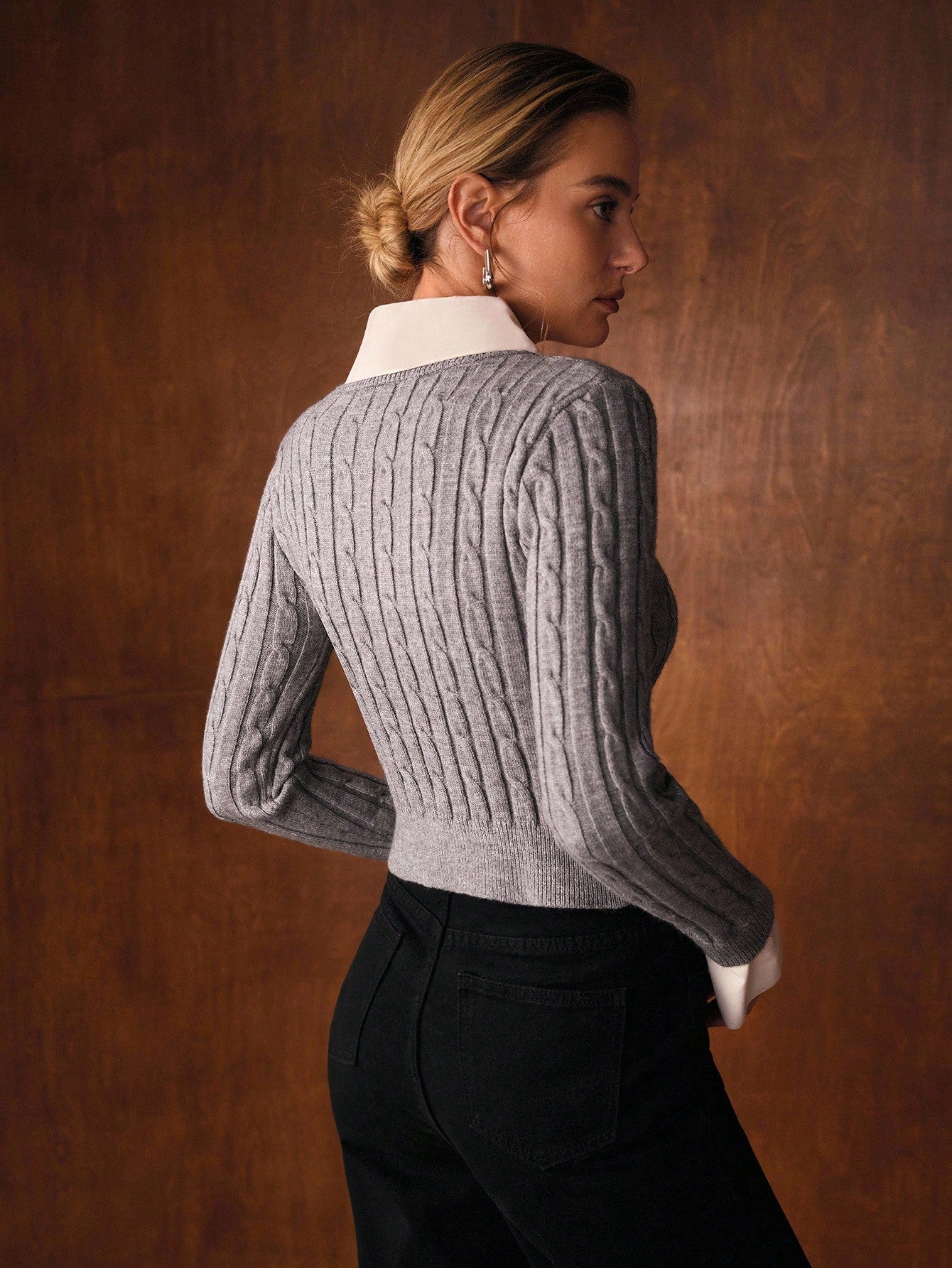 CM-CS051910 Women Elegant Seoul Style Contrast Collar Long Sleeve Slim Fit Cable Knit 2 in 1 Sweater - Gray