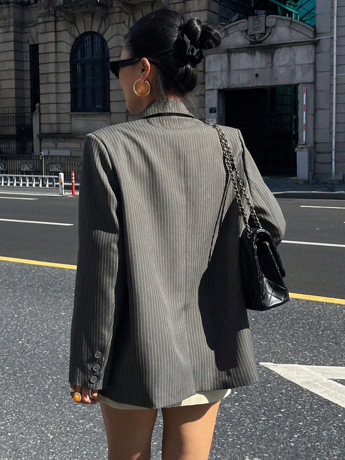 CM-CS794422 Women Casual Seoul Style Striped Lapel Neckline Long Sleeve Loose Blazer Jacket - Gray