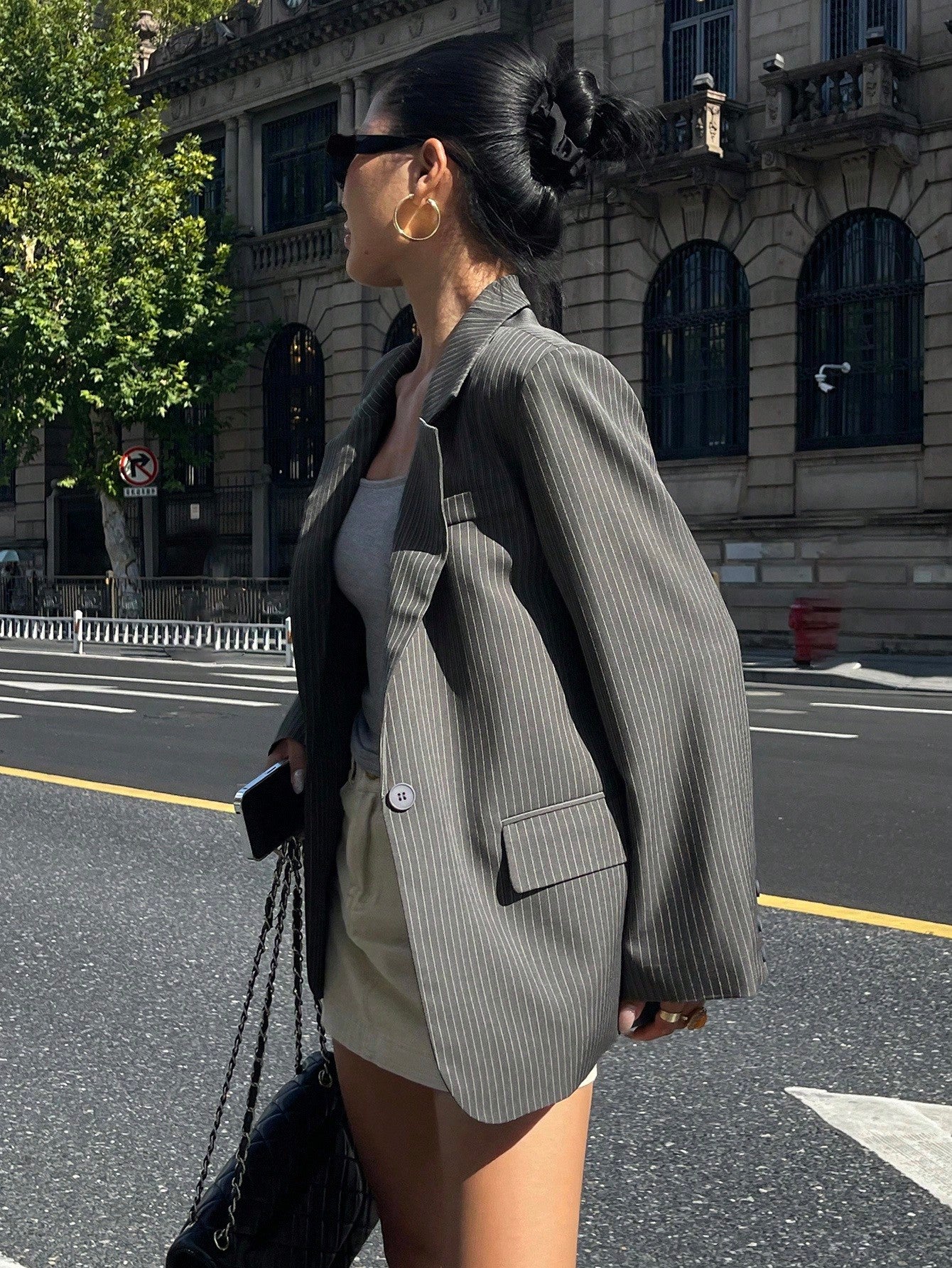 CM-CS794422 Women Casual Seoul Style Striped Lapel Neckline Long Sleeve Loose Blazer Jacket - Gray