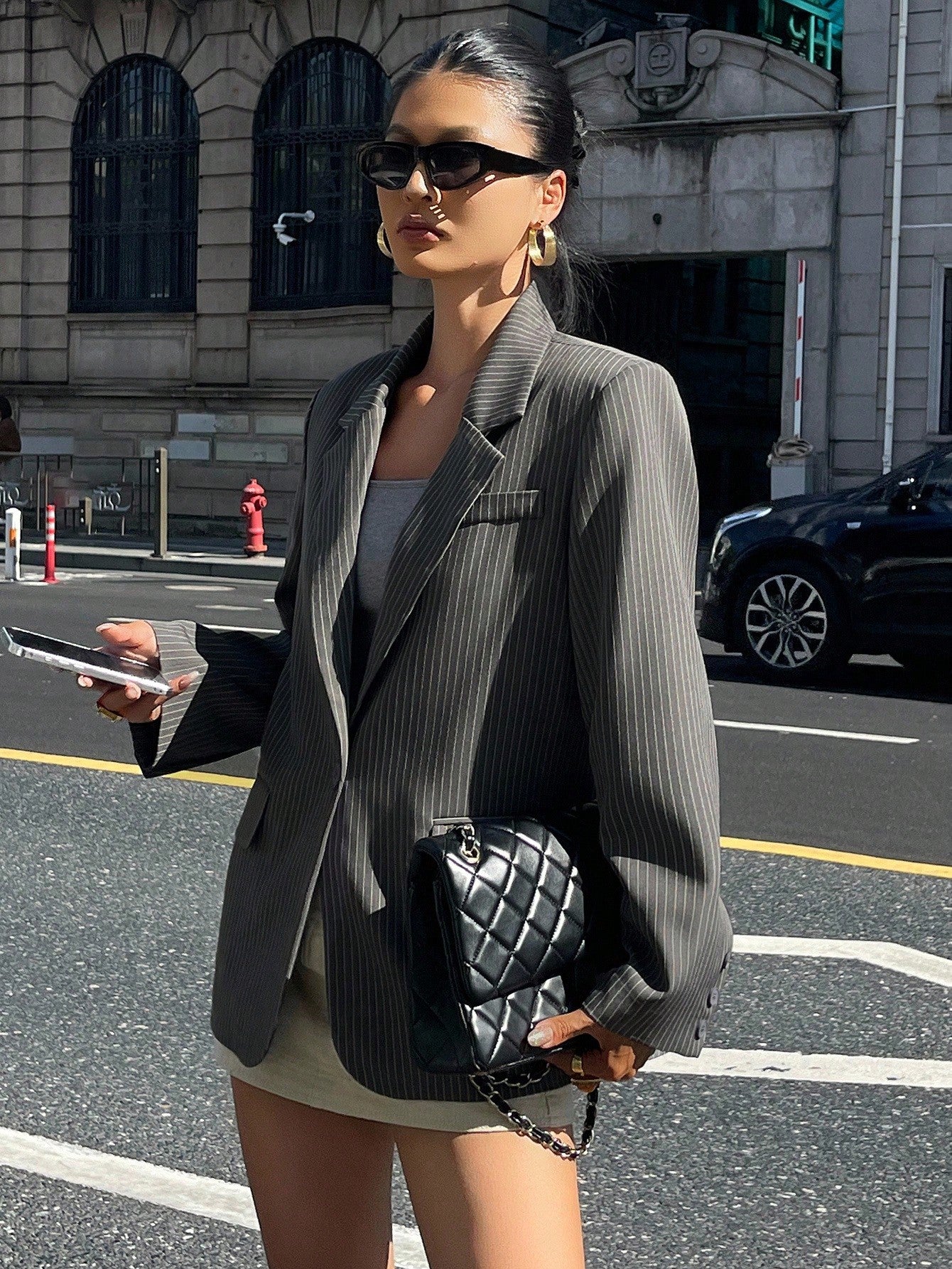 CM-CS794422 Women Casual Seoul Style Striped Lapel Neckline Long Sleeve Loose Blazer Jacket - Gray