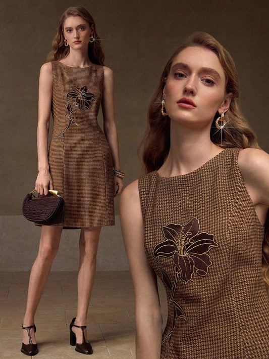 CM-DS179727 Women Elegant Seoul Style Round Neck Sleeveless Embroidery Plaid Fitted Mini Dress - Mocha Brown