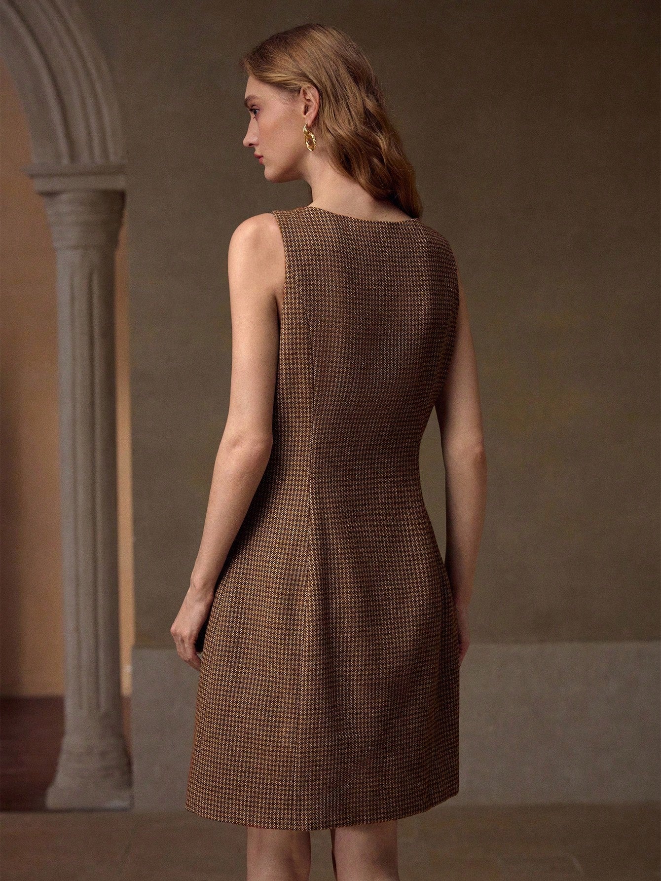 CM-DS179727 Women Elegant Seoul Style Round Neck Sleeveless Embroidery Plaid Fitted Mini Dress - Mocha Brown