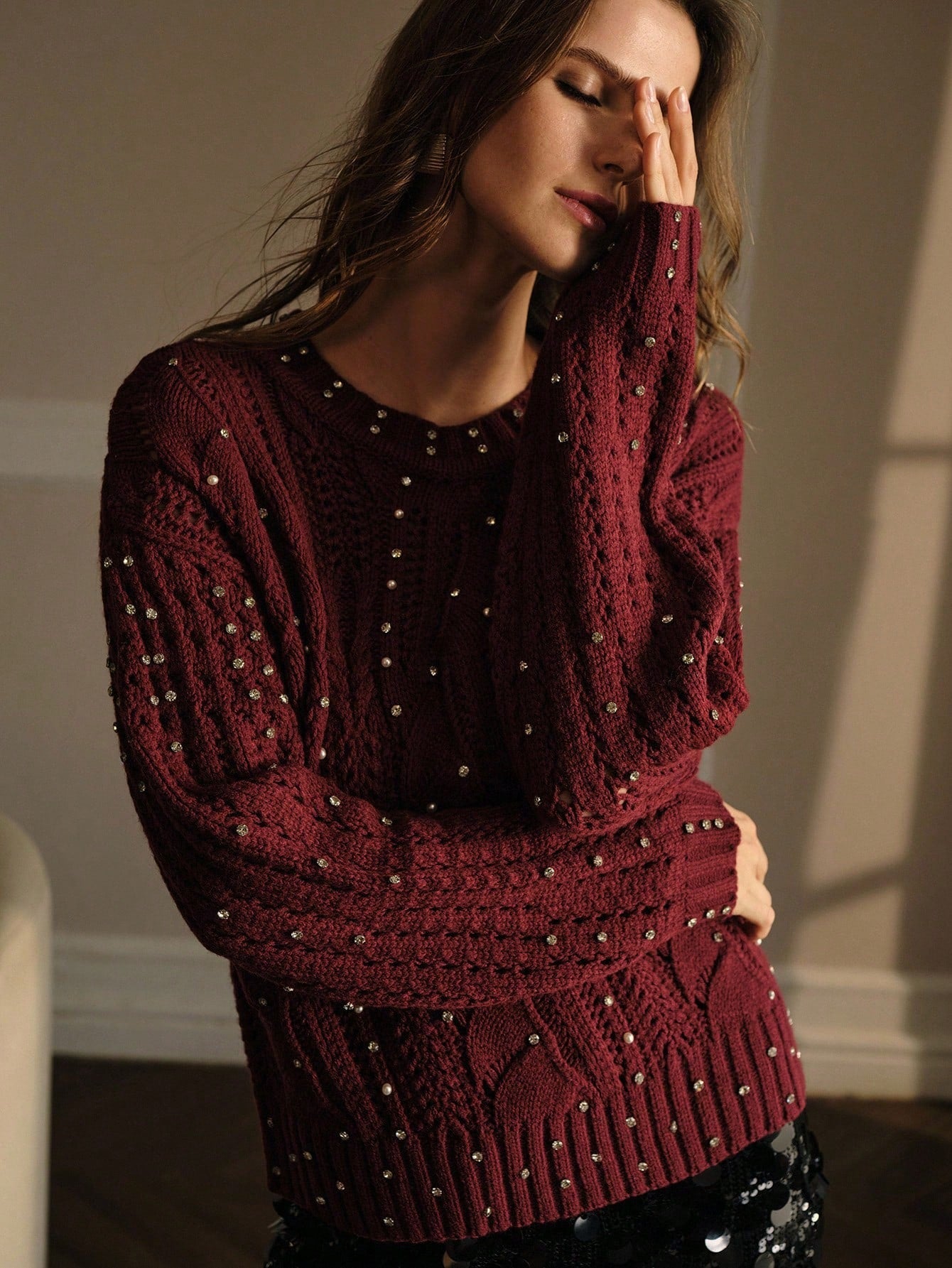 CM-CS885433 Women Elegant Seoul Style Round Neck Rhinestone Detail Drop Shoulder Oversized Sweater
