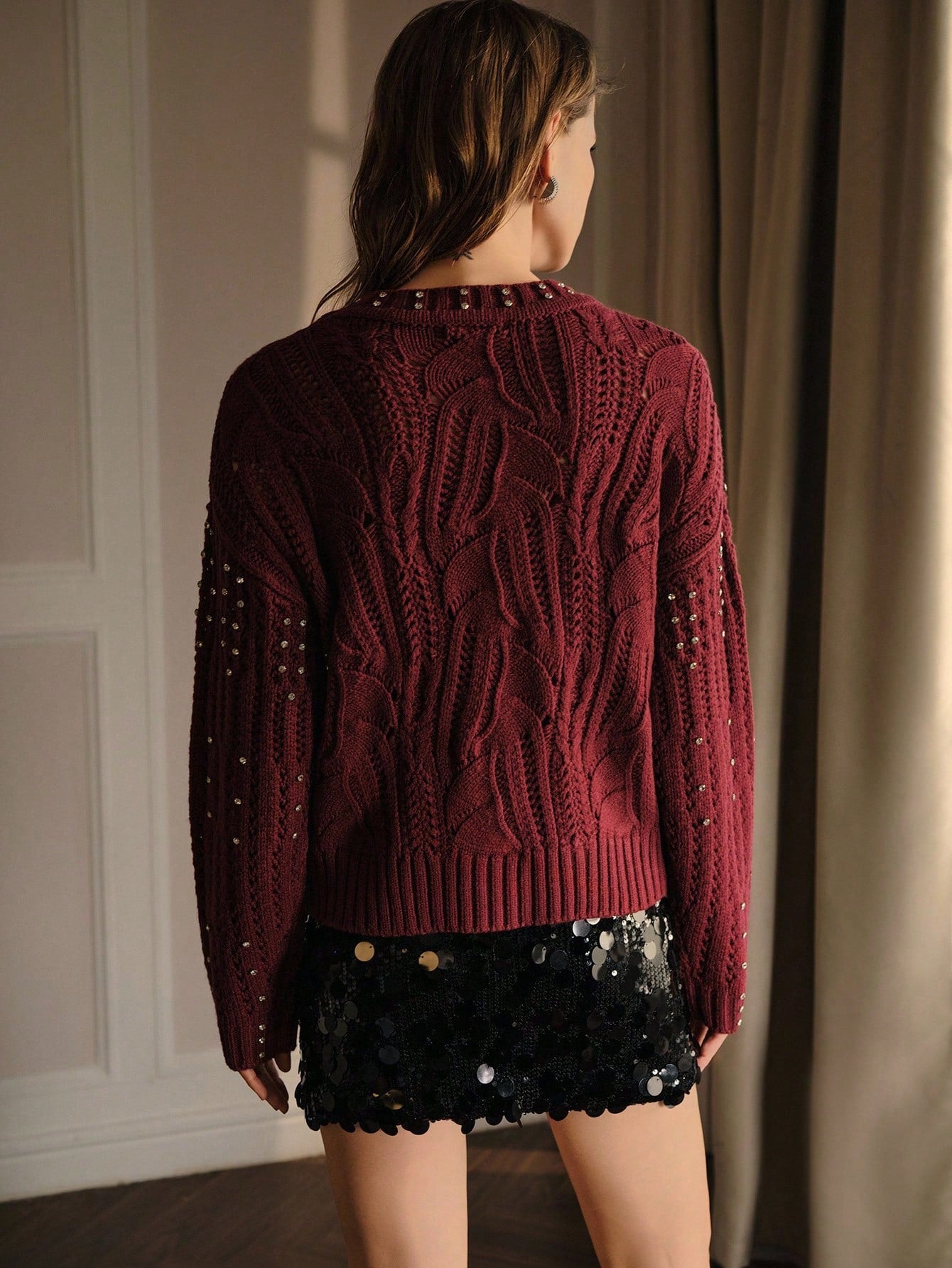 CM-CS885433 Women Elegant Seoul Style Round Neck Rhinestone Detail Drop Shoulder Oversized Sweater