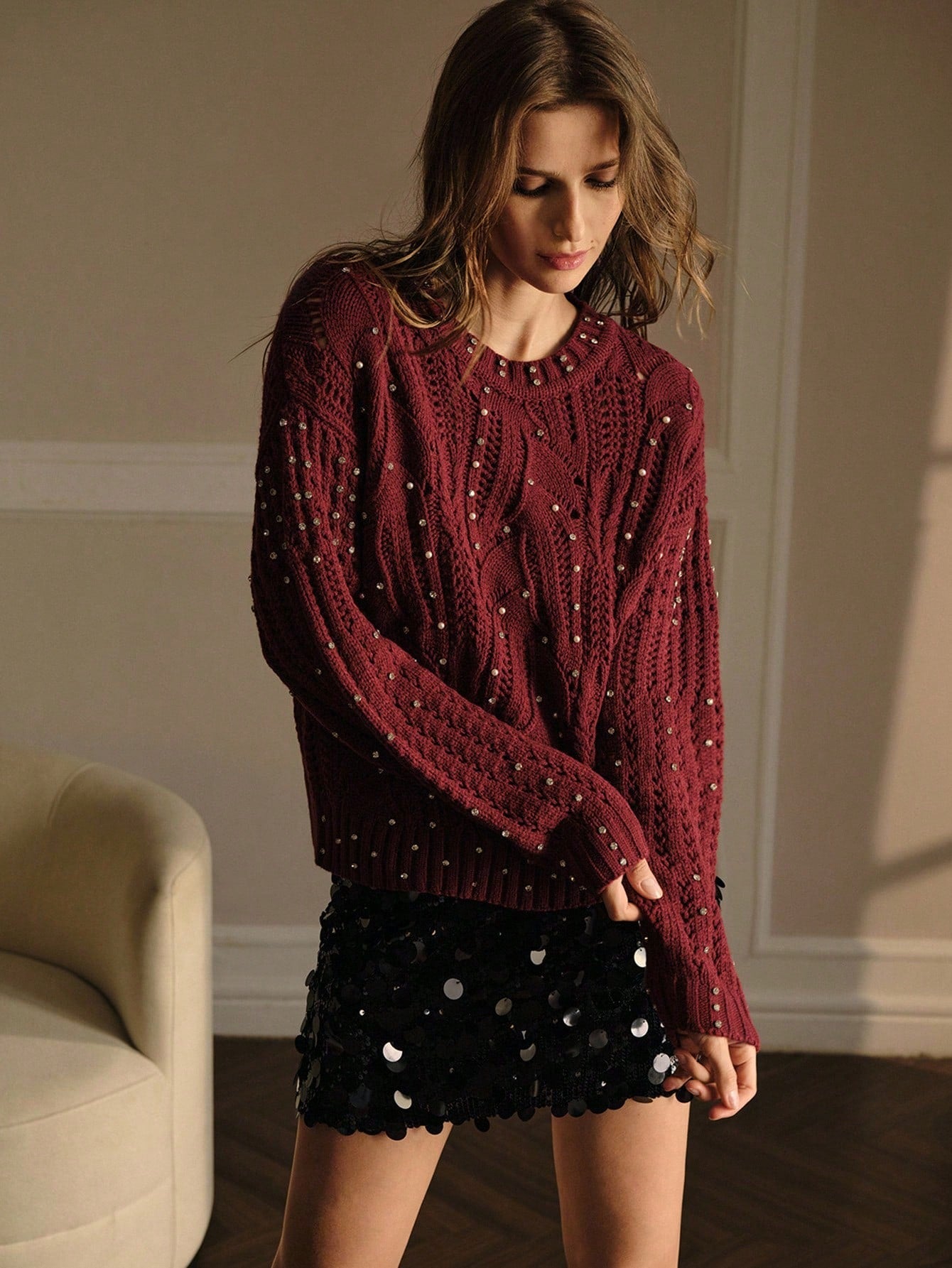 CM-CS885433 Women Elegant Seoul Style Round Neck Rhinestone Detail Drop Shoulder Oversized Sweater