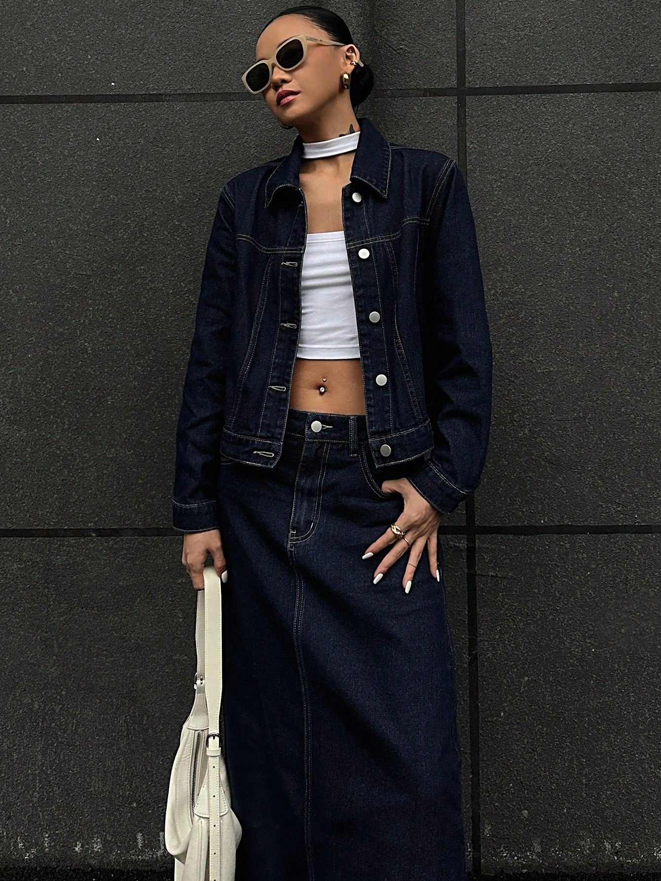 CM-SS188172 Women Casual Seoul Style Collar Neckline Long Sleeve Washed Denim Jacket With Mini Skirt - Set