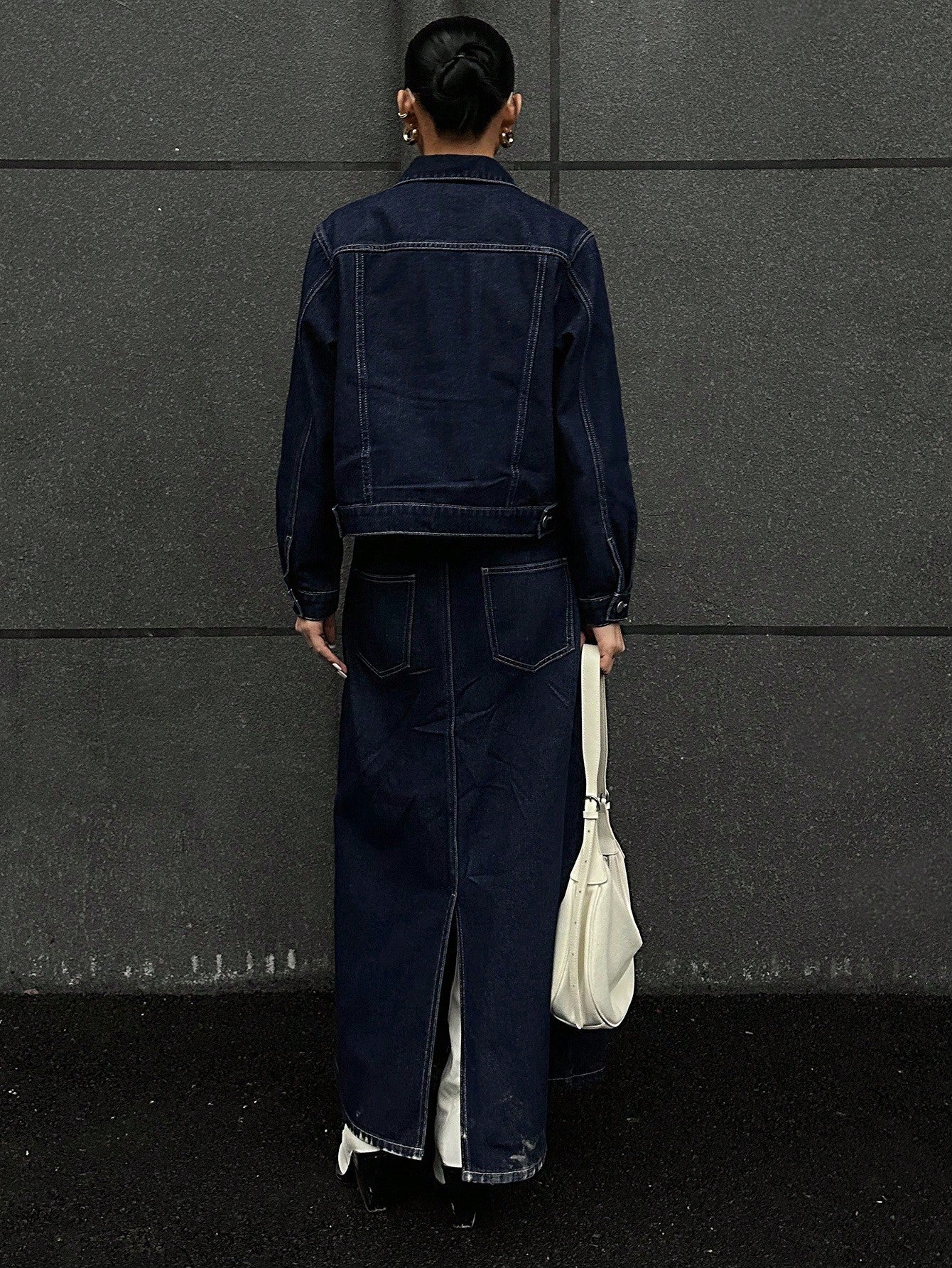 CM-SS188172 Women Casual Seoul Style Collar Neckline Long Sleeve Washed Denim Jacket With Mini Skirt - Set