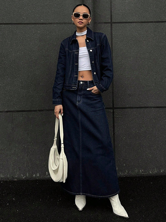 CM-SS188172 Women Casual Seoul Style Collar Neckline Long Sleeve Washed Denim Jacket With Mini Skirt - Set