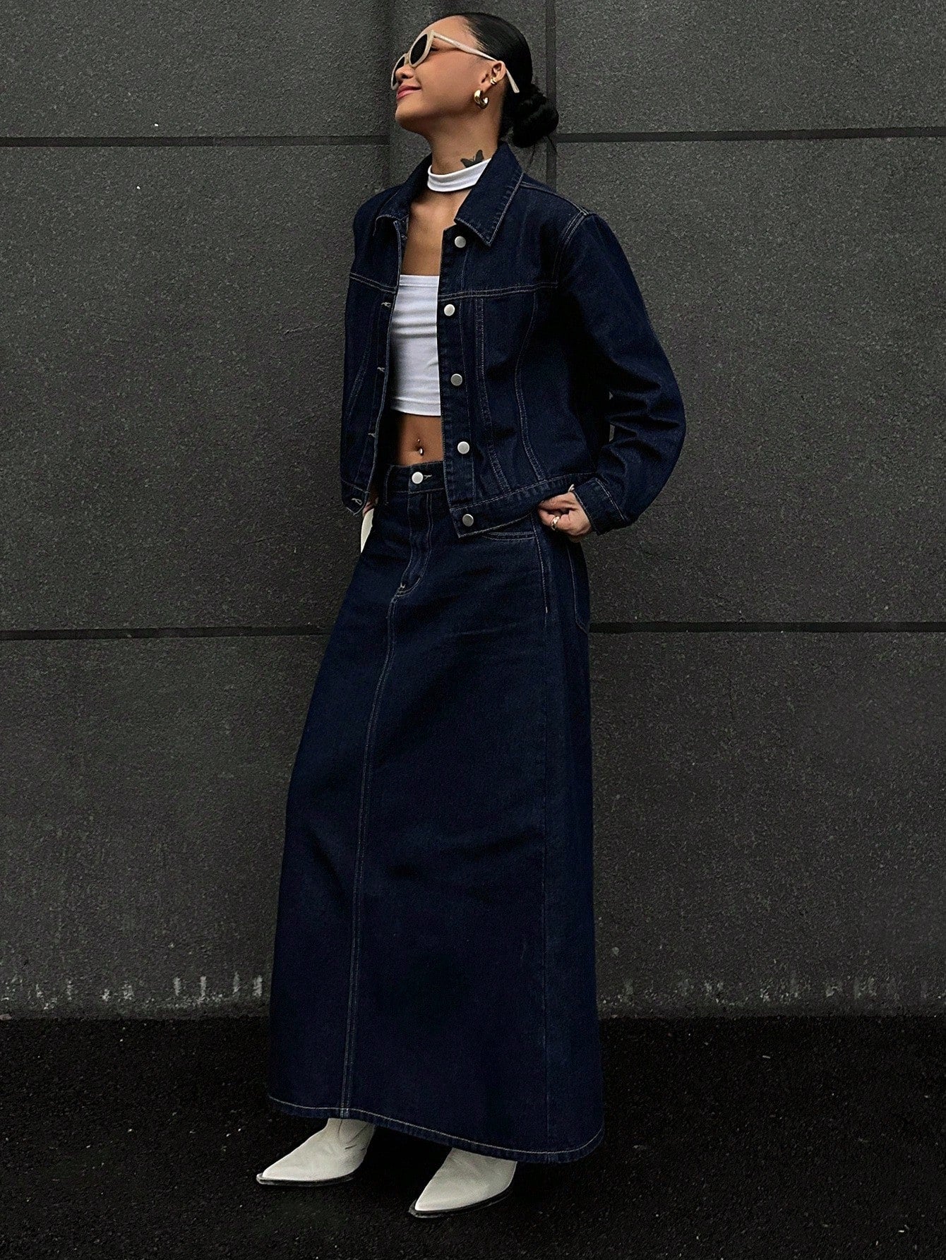 CM-SS188172 Women Casual Seoul Style Collar Neckline Long Sleeve Washed Denim Jacket With Mini Skirt - Set