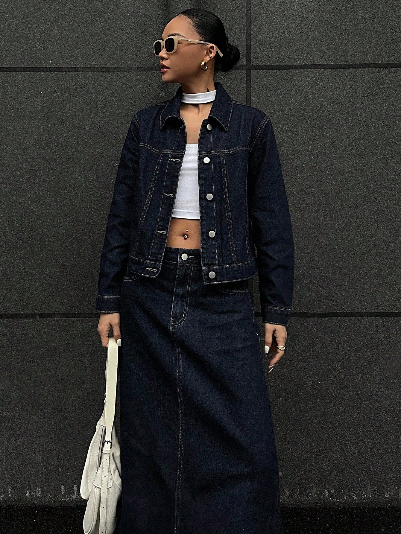 CM-SS188172 Women Casual Seoul Style Collar Neckline Long Sleeve Washed Denim Jacket With Mini Skirt - Set