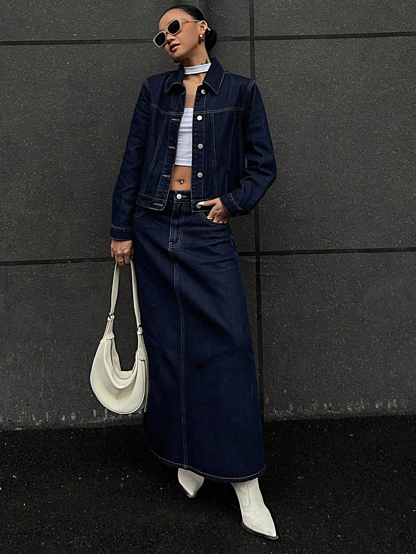 CM-SS188172 Women Casual Seoul Style Collar Neckline Long Sleeve Washed Denim Jacket With Mini Skirt - Set