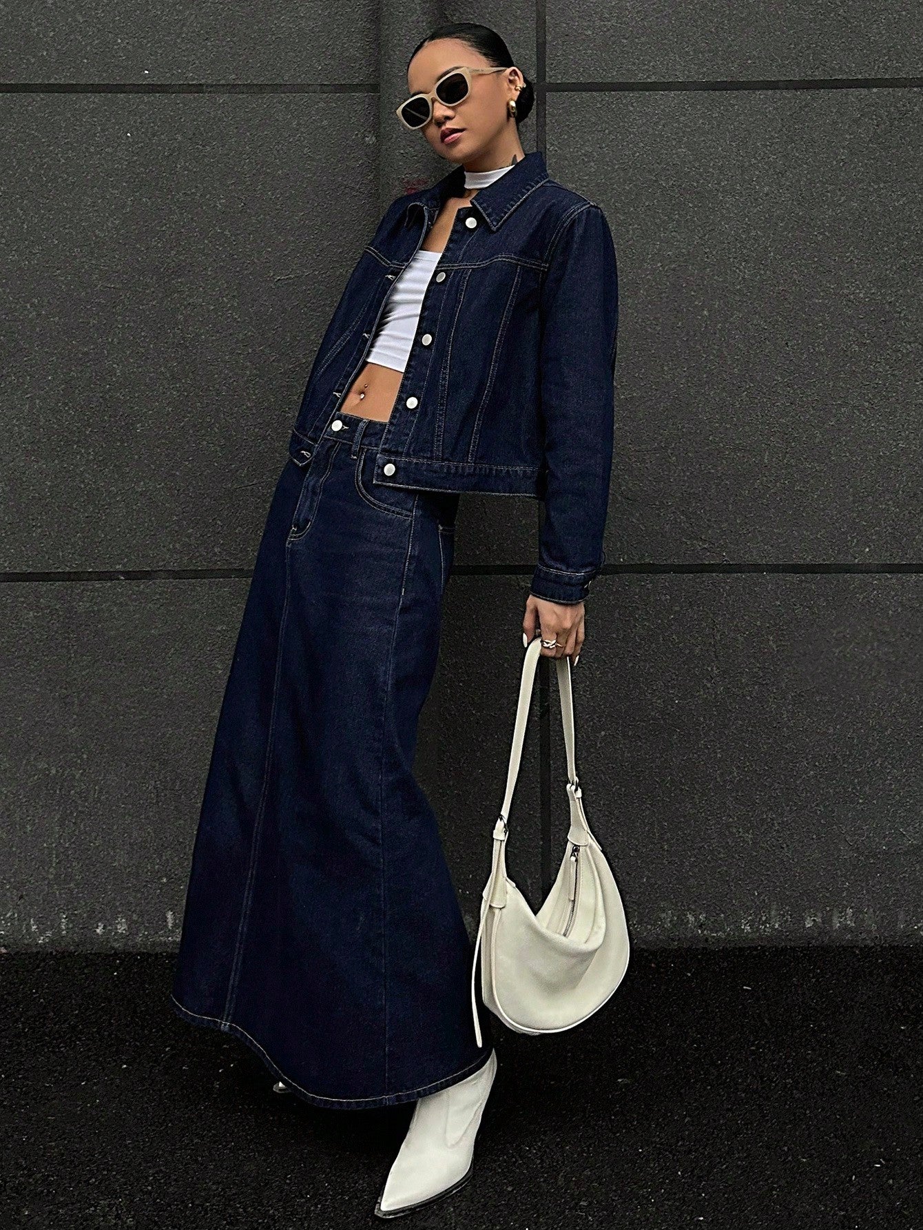 CM-SS188172 Women Casual Seoul Style Collar Neckline Long Sleeve Washed Denim Jacket With Mini Skirt - Set