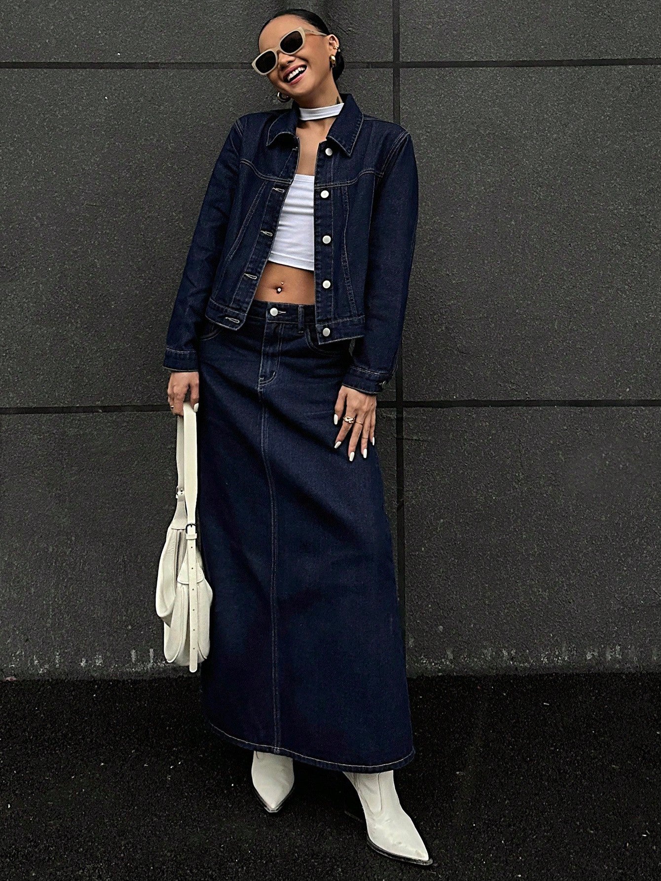 CM-SS188172 Women Casual Seoul Style Collar Neckline Long Sleeve Washed Denim Jacket With Mini Skirt - Set