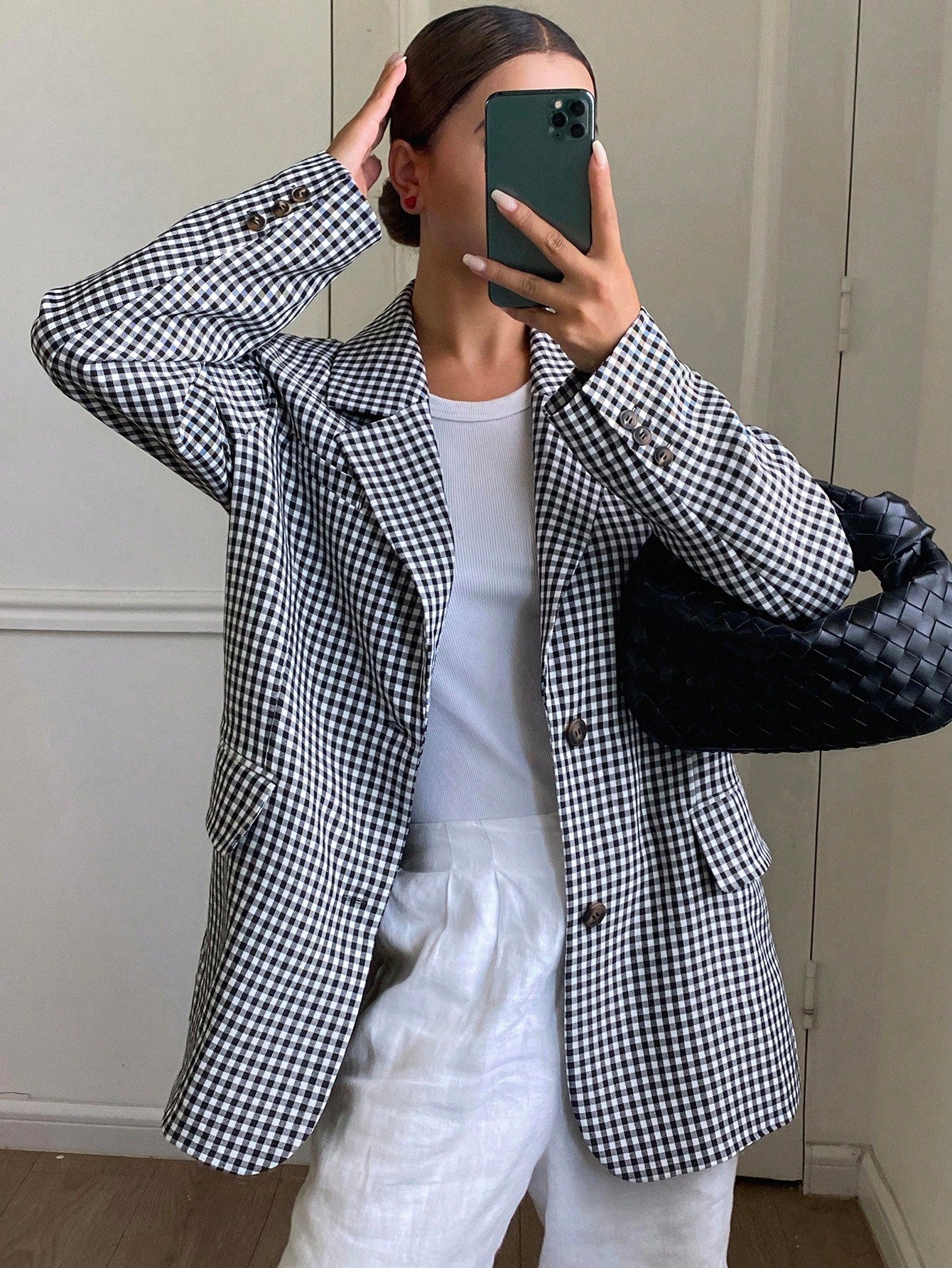 CM-CS721487 Women Casual Seoul Style Plaid Lapel Collar Long Sleeve Loose Fit Jacket - Black