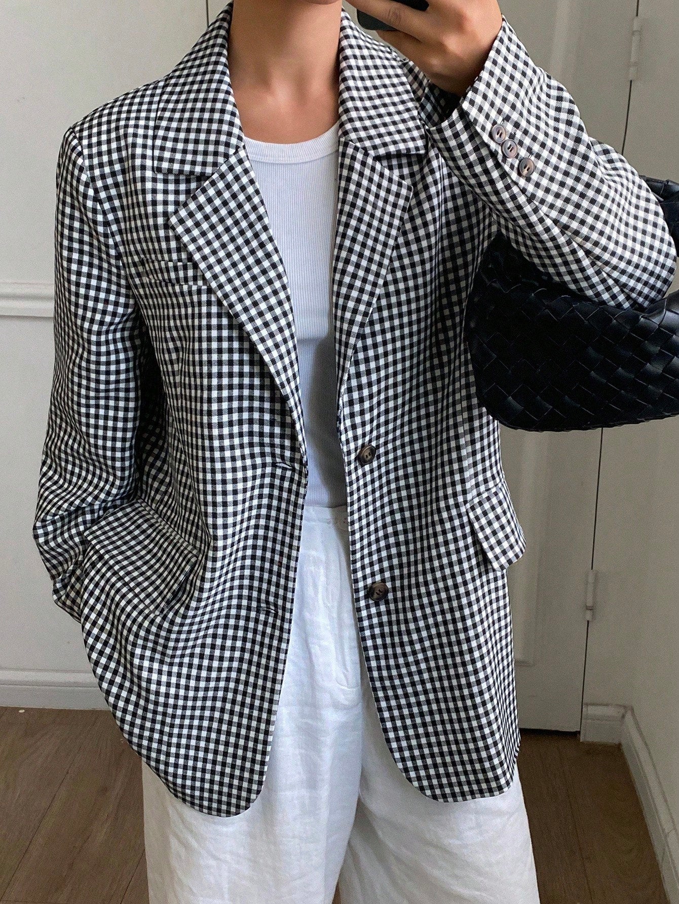 CM-CS721487 Women Casual Seoul Style Plaid Lapel Collar Long Sleeve Loose Fit Jacket - Black