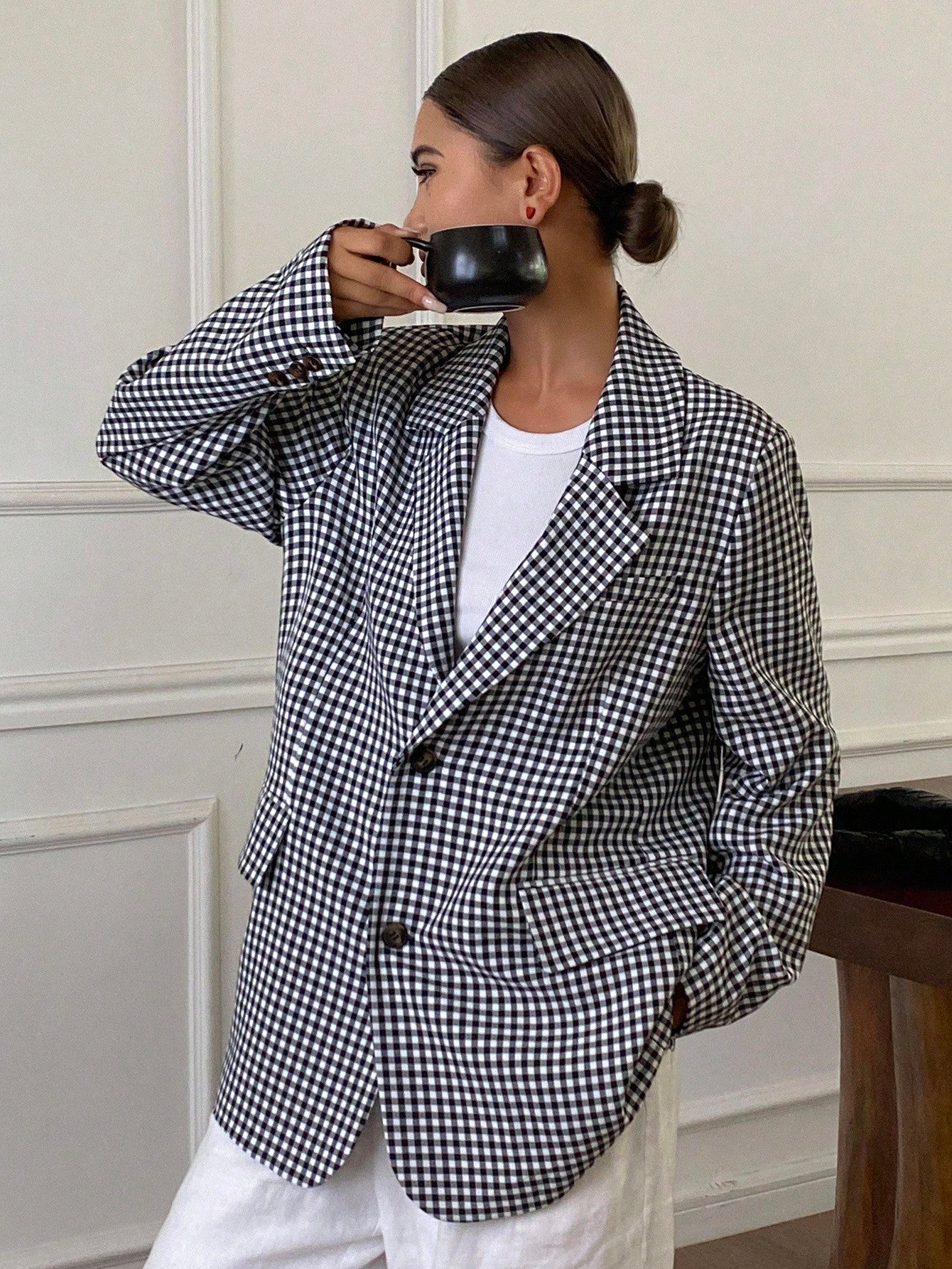 CM-CS721487 Women Casual Seoul Style Plaid Lapel Collar Long Sleeve Loose Fit Jacket - Black