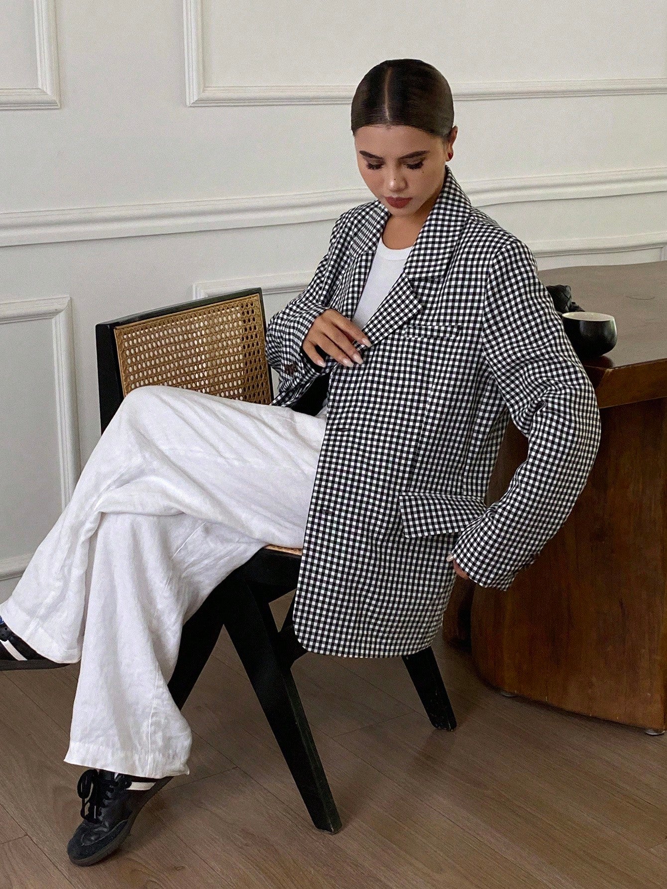 CM-CS721487 Women Casual Seoul Style Plaid Lapel Collar Long Sleeve Loose Fit Jacket - Black