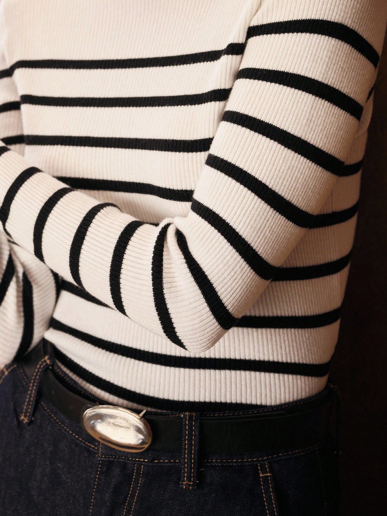 CM-CS286731 Women Elegant Seoul Style Striped Stand Collar Long Sleeve Knit Pullover Sweater