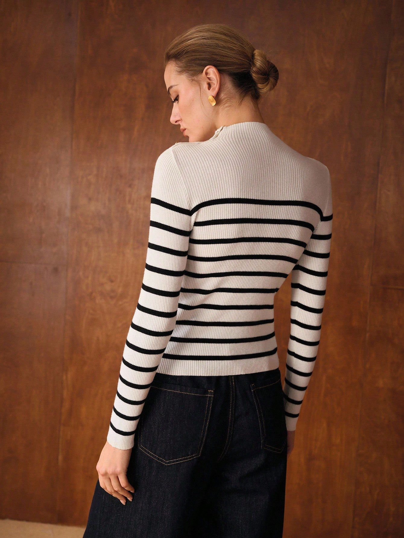 CM-CS286731 Women Elegant Seoul Style Striped Stand Collar Long Sleeve Knit Pullover Sweater