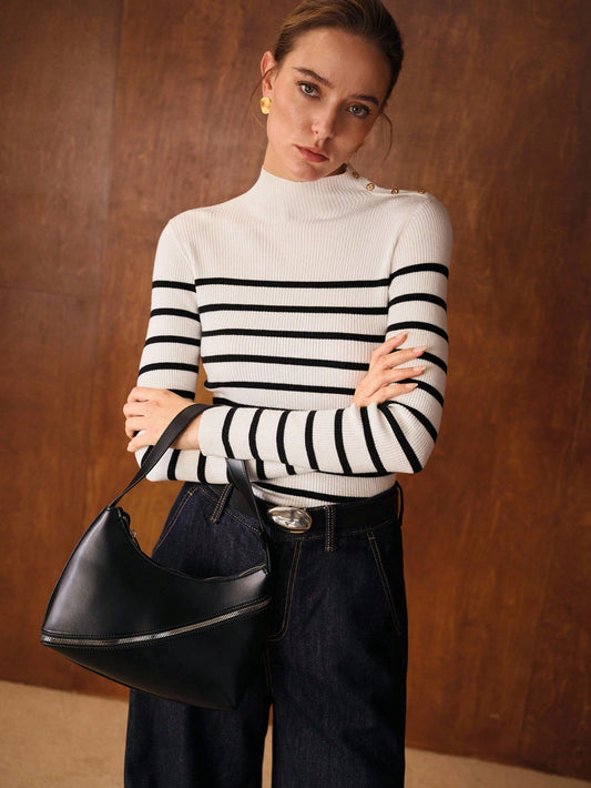 CM-CS286731 Women Elegant Seoul Style Striped Stand Collar Long Sleeve Knit Pullover Sweater
