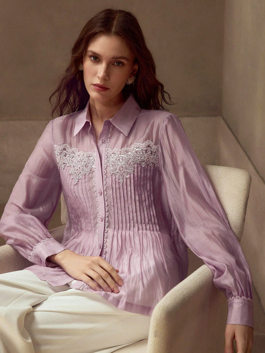 CM-TS664216 Women Elegant Seoul Style Collar Neckline Long Sleeve Floral Embroidery Button Up Shirt - Purple