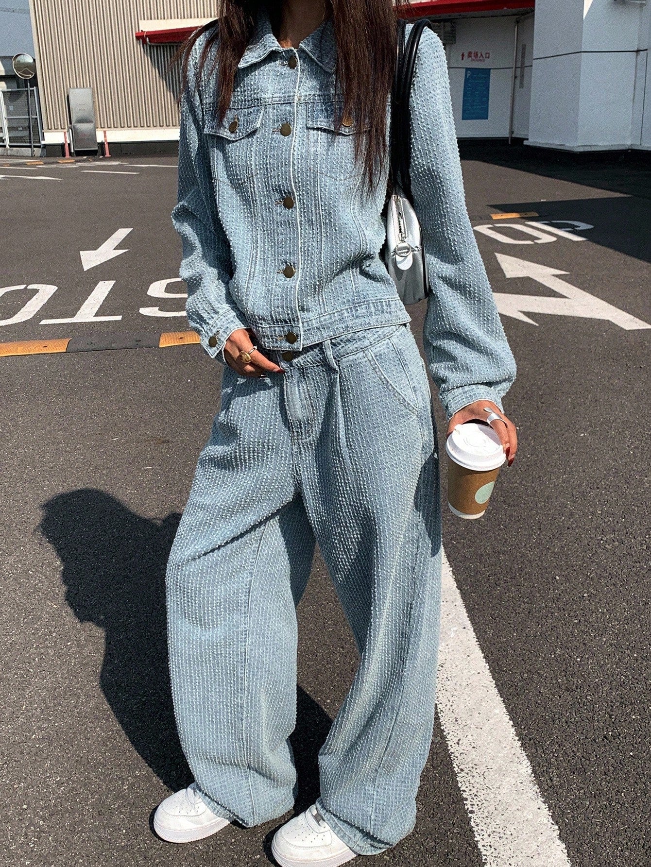 CM-SS353555 Women Casual Seoul Style Textured Collared Neckline Long Sleeve Denim Jacket With Jeans - Set