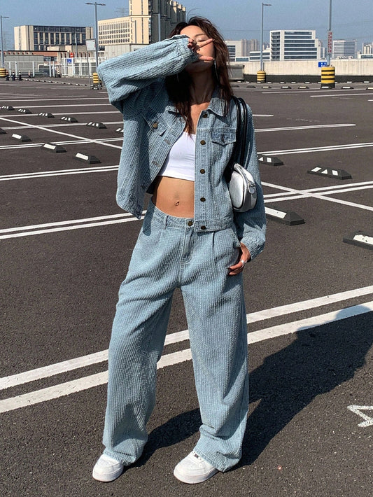CM-SS353555 Women Casual Seoul Style Textured Collared Neckline Long Sleeve Denim Jacket With Jeans - Set