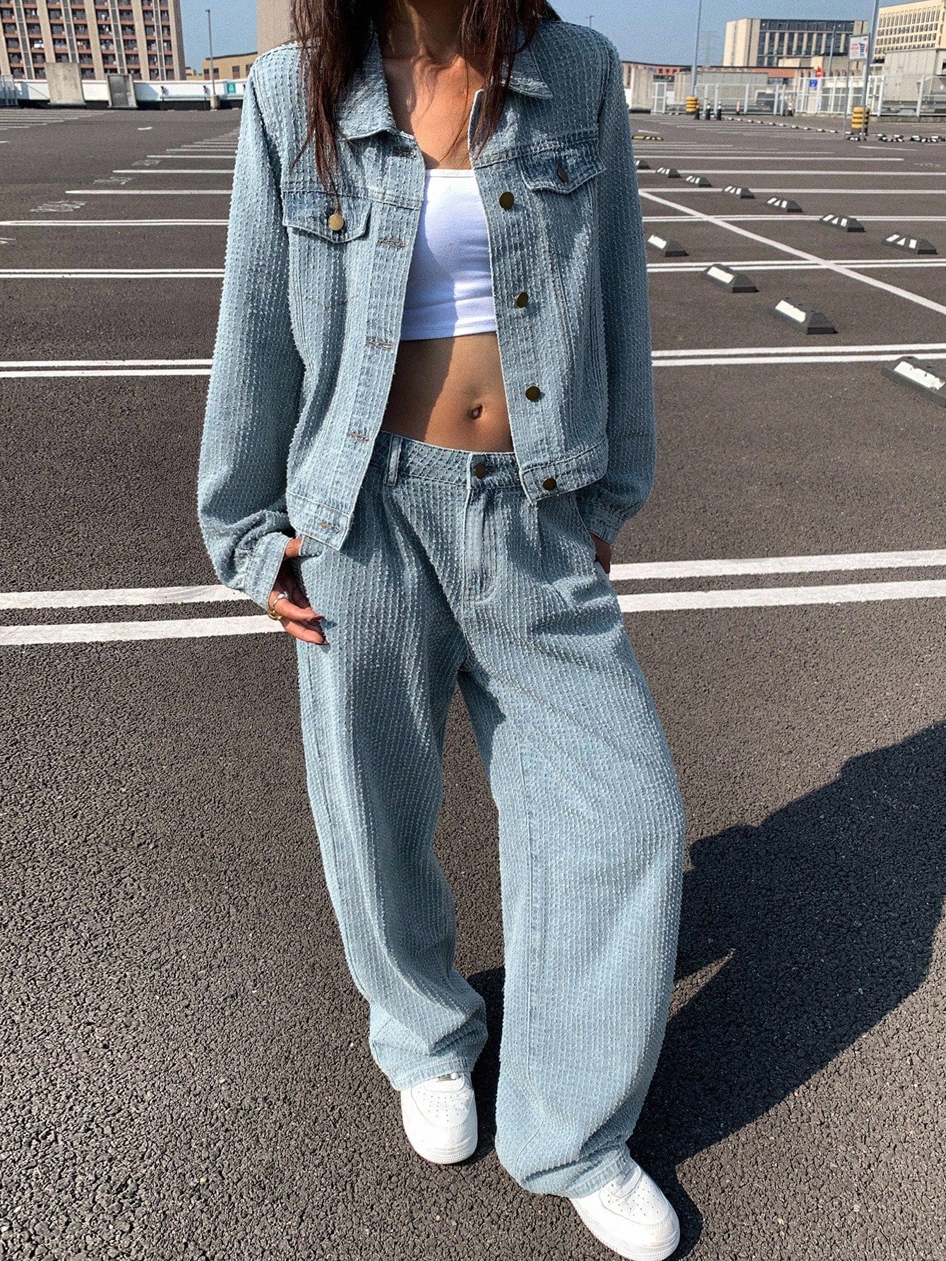 CM-SS353555 Women Casual Seoul Style Textured Collared Neckline Long Sleeve Denim Jacket With Jeans - Set