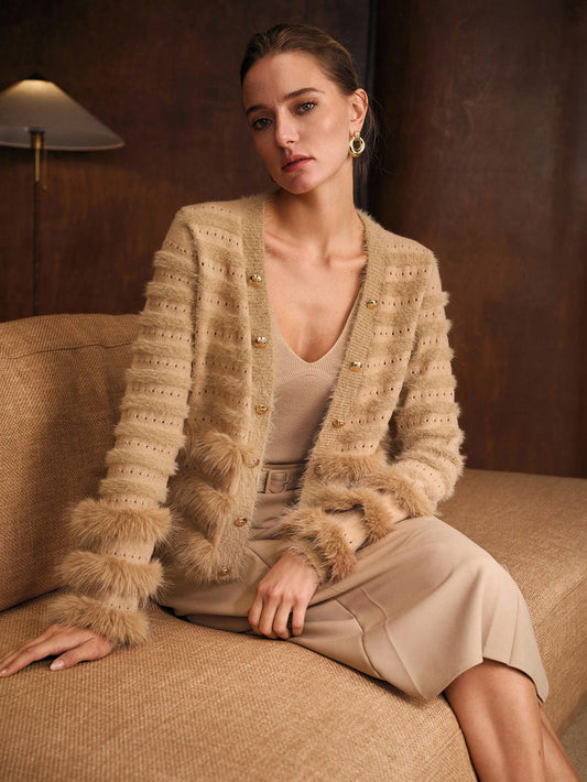 CM-CS011102 Women Elegant Seoul Style V-Neck Long Sleeve Contrast Faux Fur Button Up Cardigan - Camel
