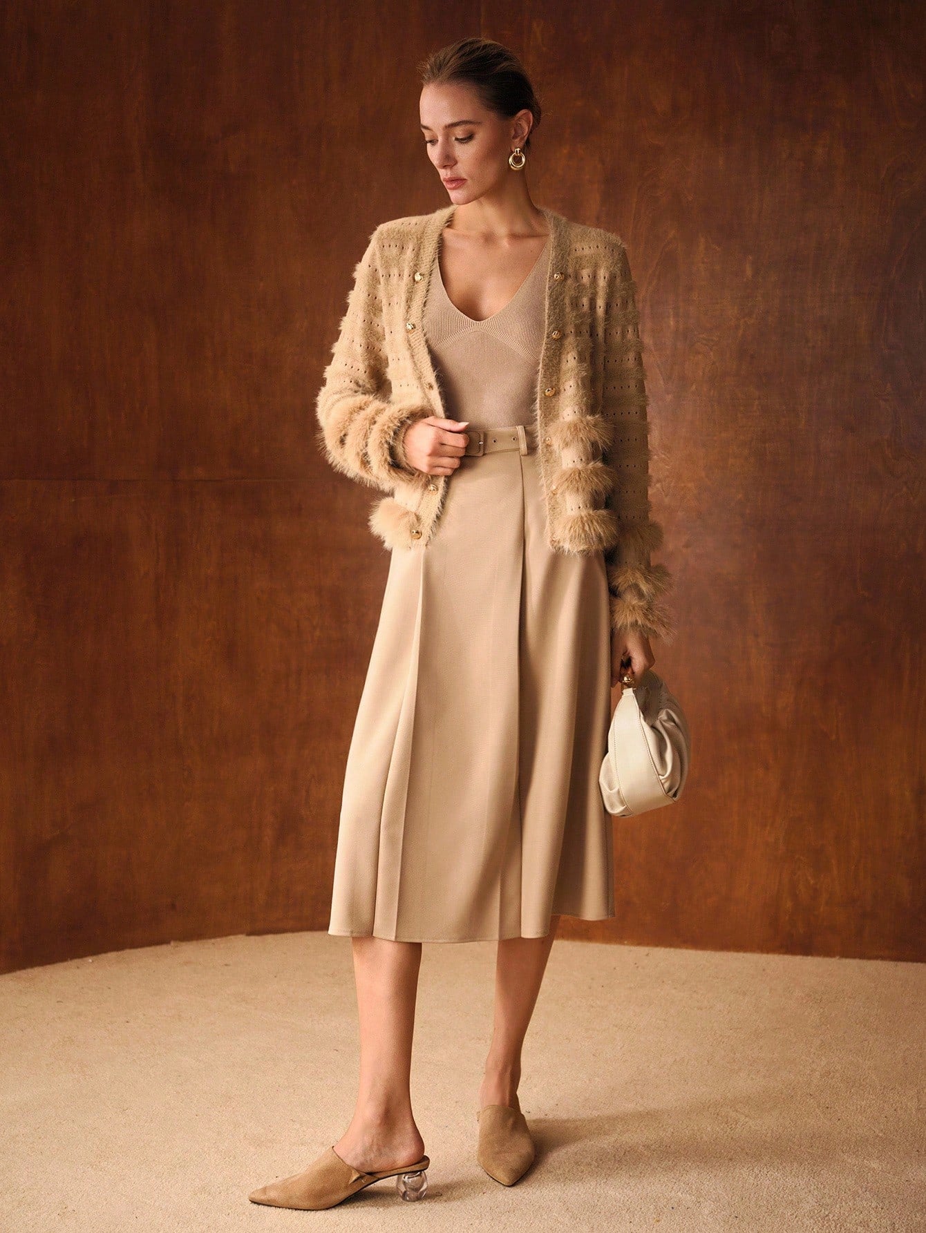 CM-CS011102 Women Elegant Seoul Style V-Neck Long Sleeve Contrast Faux Fur Button Up Cardigan - Camel