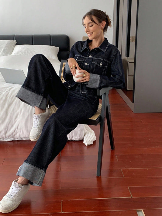 CM-SS540707 Women Elegant Seoul Style Collar Neckline Long Sleeve Loose Fit Jacket With Denim Pants - Set