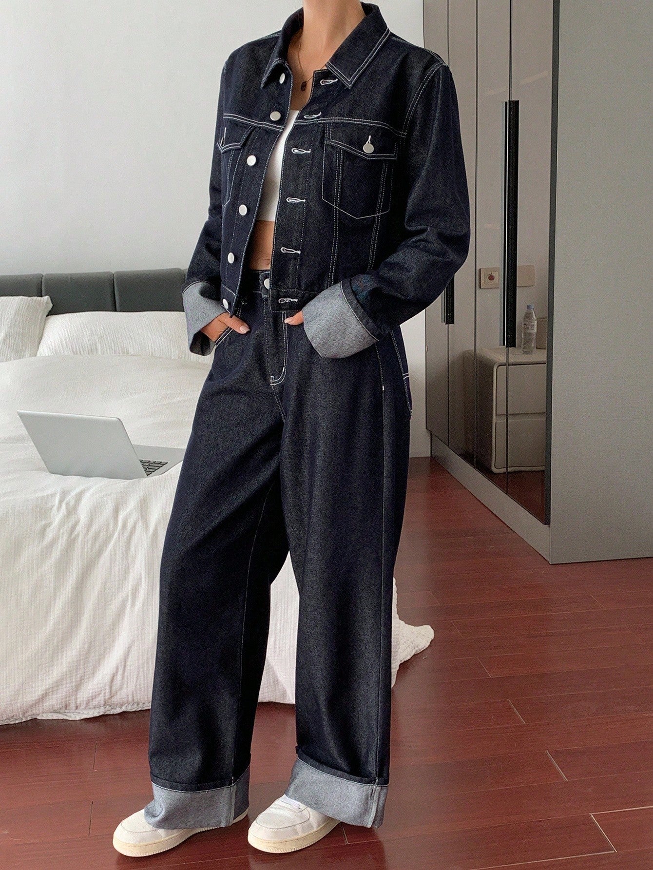 CM-SS540707 Women Elegant Seoul Style Collar Neckline Long Sleeve Loose Fit Jacket With Denim Pants - Set