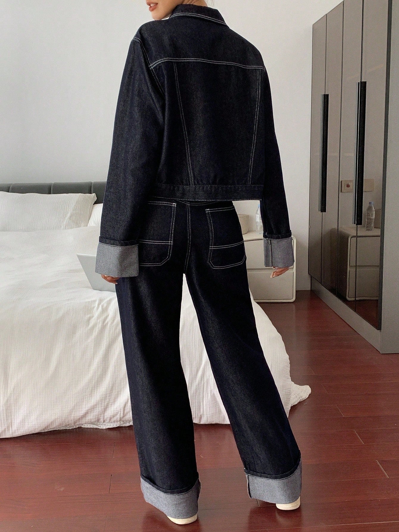 CM-SS540707 Women Elegant Seoul Style Collar Neckline Long Sleeve Loose Fit Jacket With Denim Pants - Set