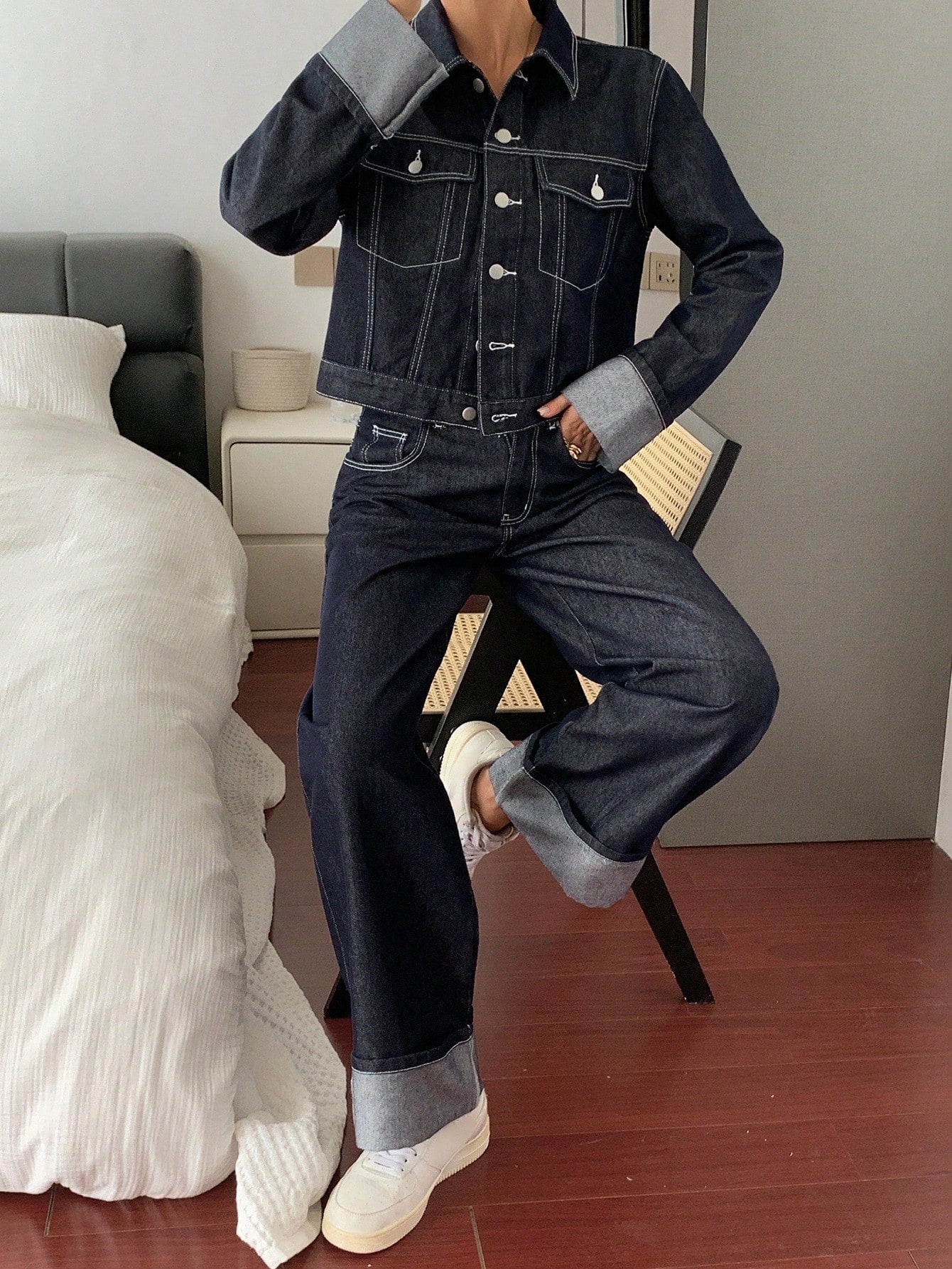 CM-SS540707 Women Elegant Seoul Style Collar Neckline Long Sleeve Loose Fit Jacket With Denim Pants - Set
